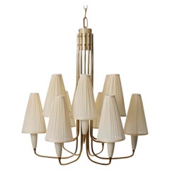 12-Arm Chandelier Pendant Light, Brass Cream Fabric Shades, Rupert Nikoll, 1960s