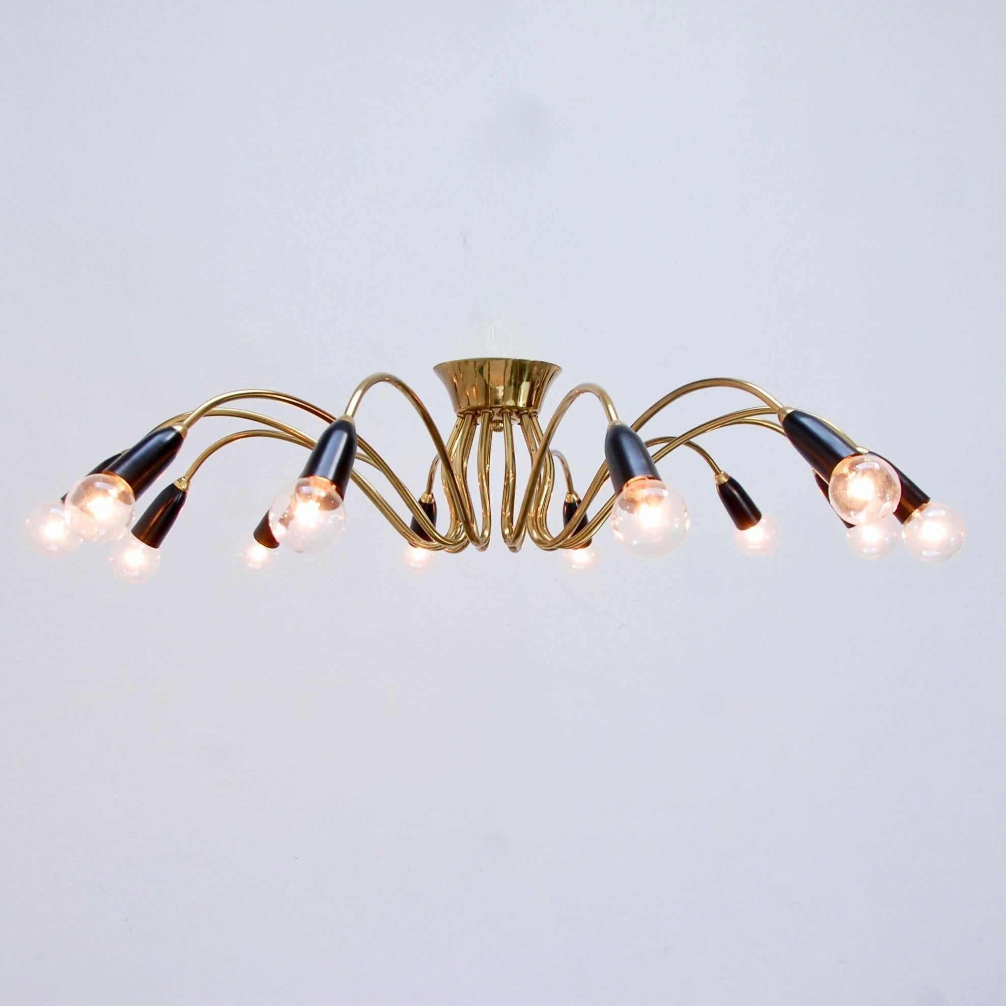 Graceful 12-arm German flush mount light fixture from the 1950s. Restored and rewired for use in the US. Patina lacquered brass finish. Candelabra based E12 sockets.