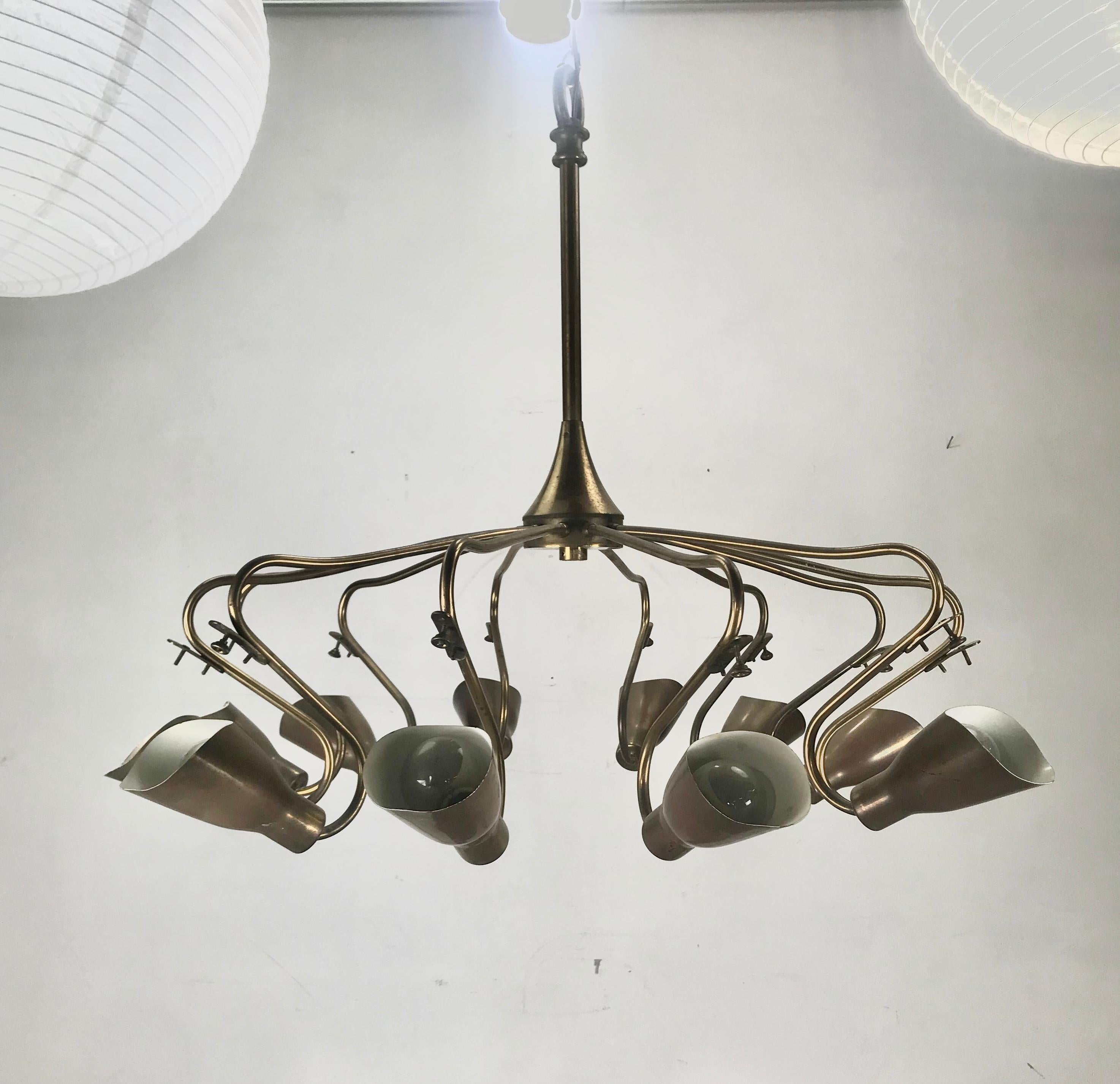Mid-Century Modern 12-Arm Italian Modernist Chandelier Brass with Glass Fans Attributed to Stilnovo