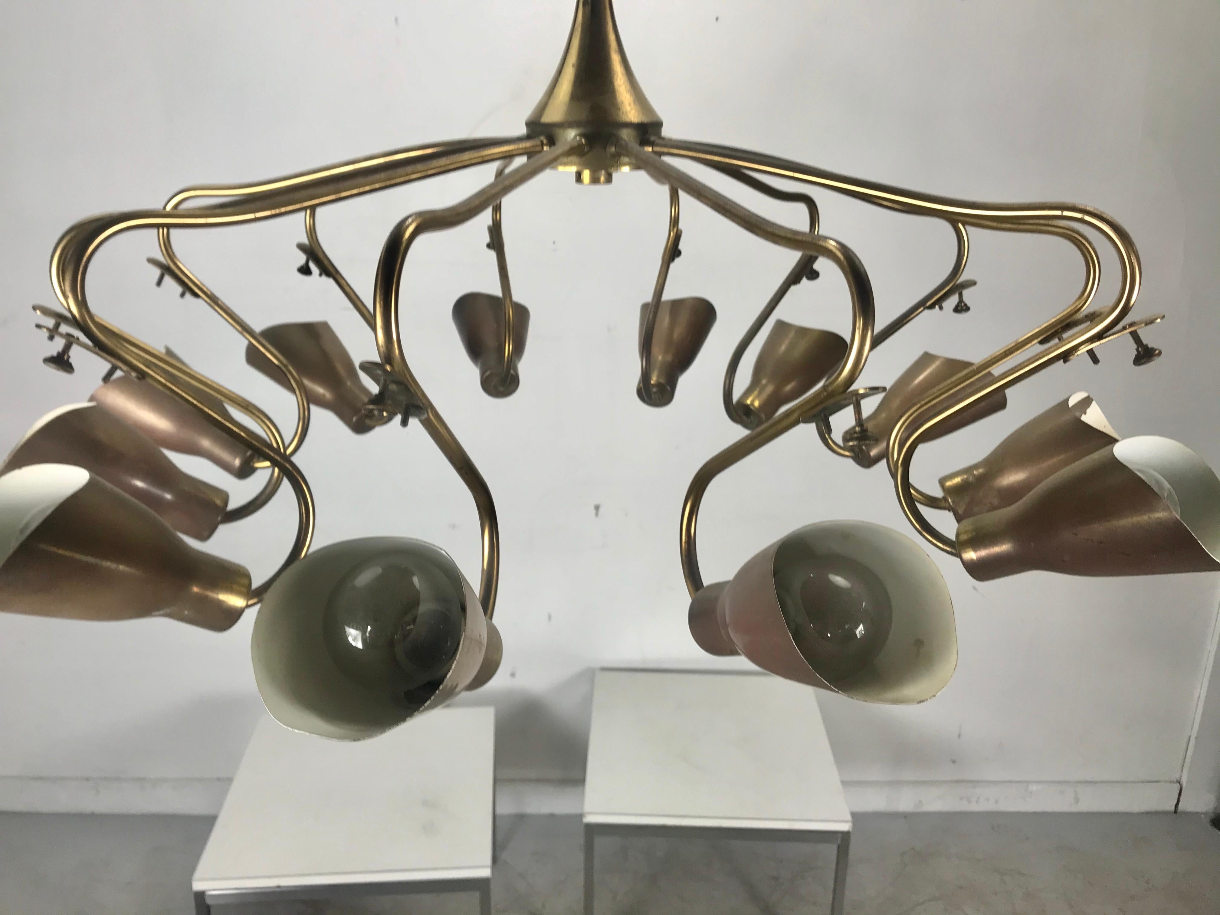 12-Arm Italian Modernist Chandelier Brass with Glass Fans Attributed to Stilnovo In Good Condition In Buffalo, NY