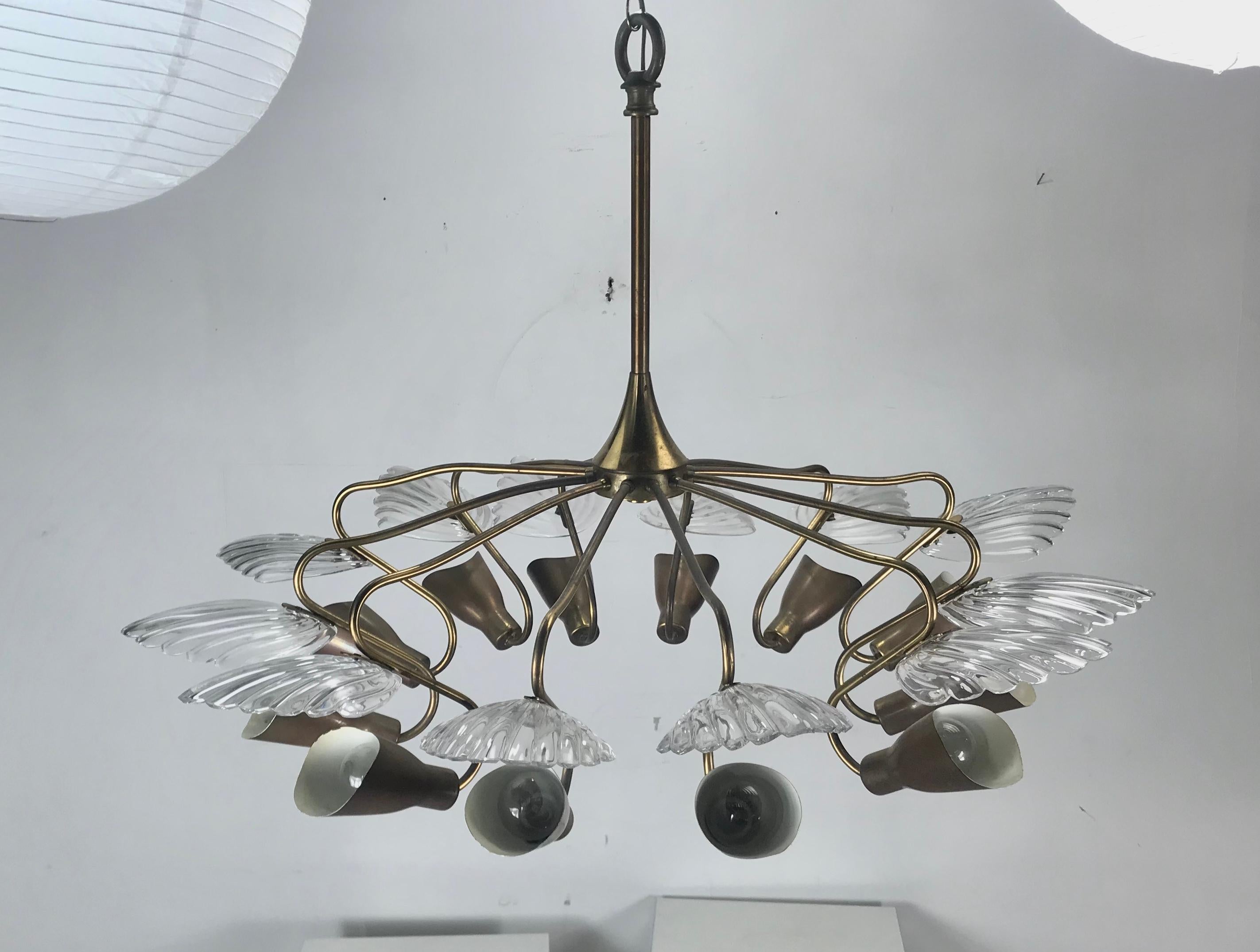 Mid-20th Century 12-Arm Italian Modernist Chandelier Brass with Glass Fans Attributed to Stilnovo