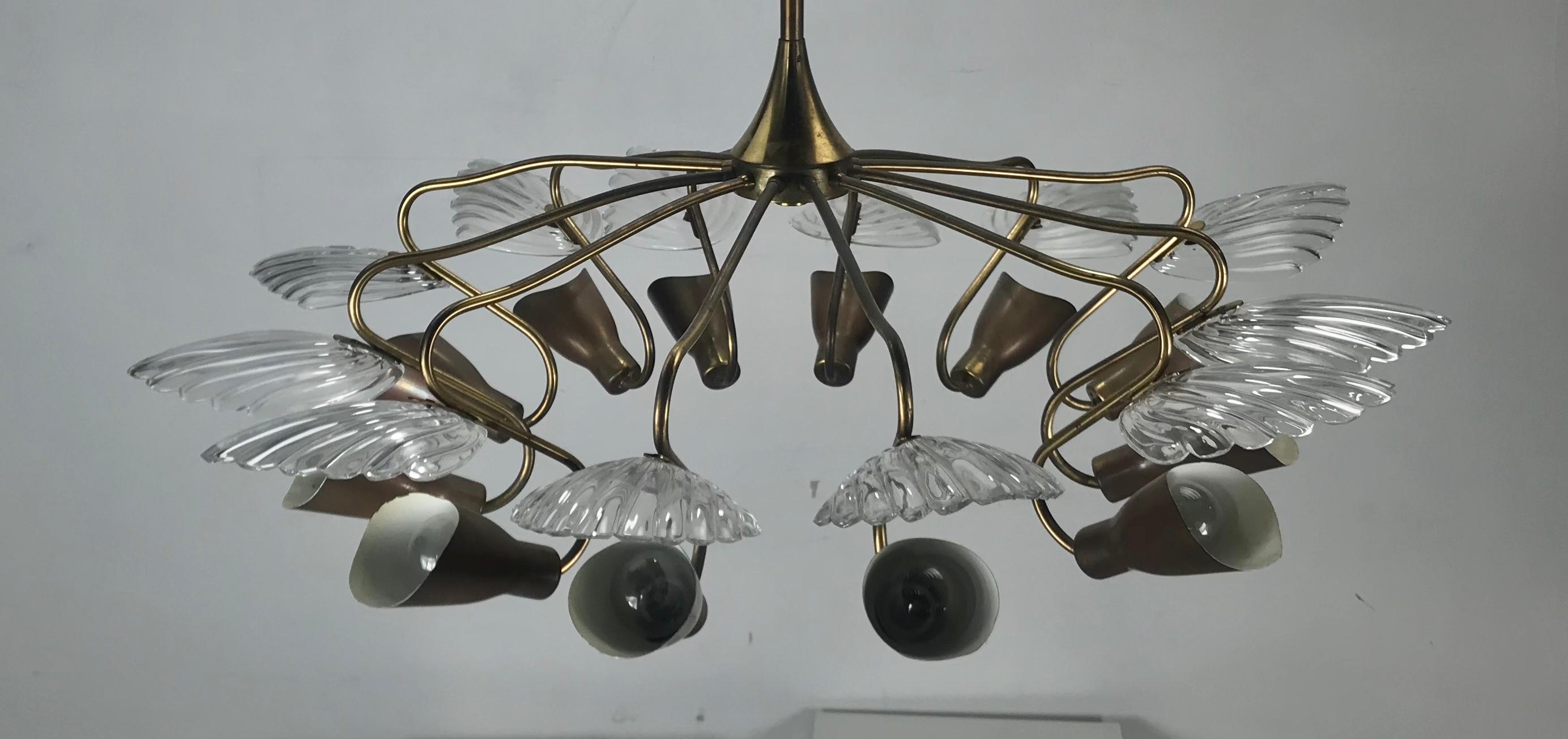 12-Arm Italian Modernist Chandelier Brass with Glass Fans Attributed to Stilnovo 1