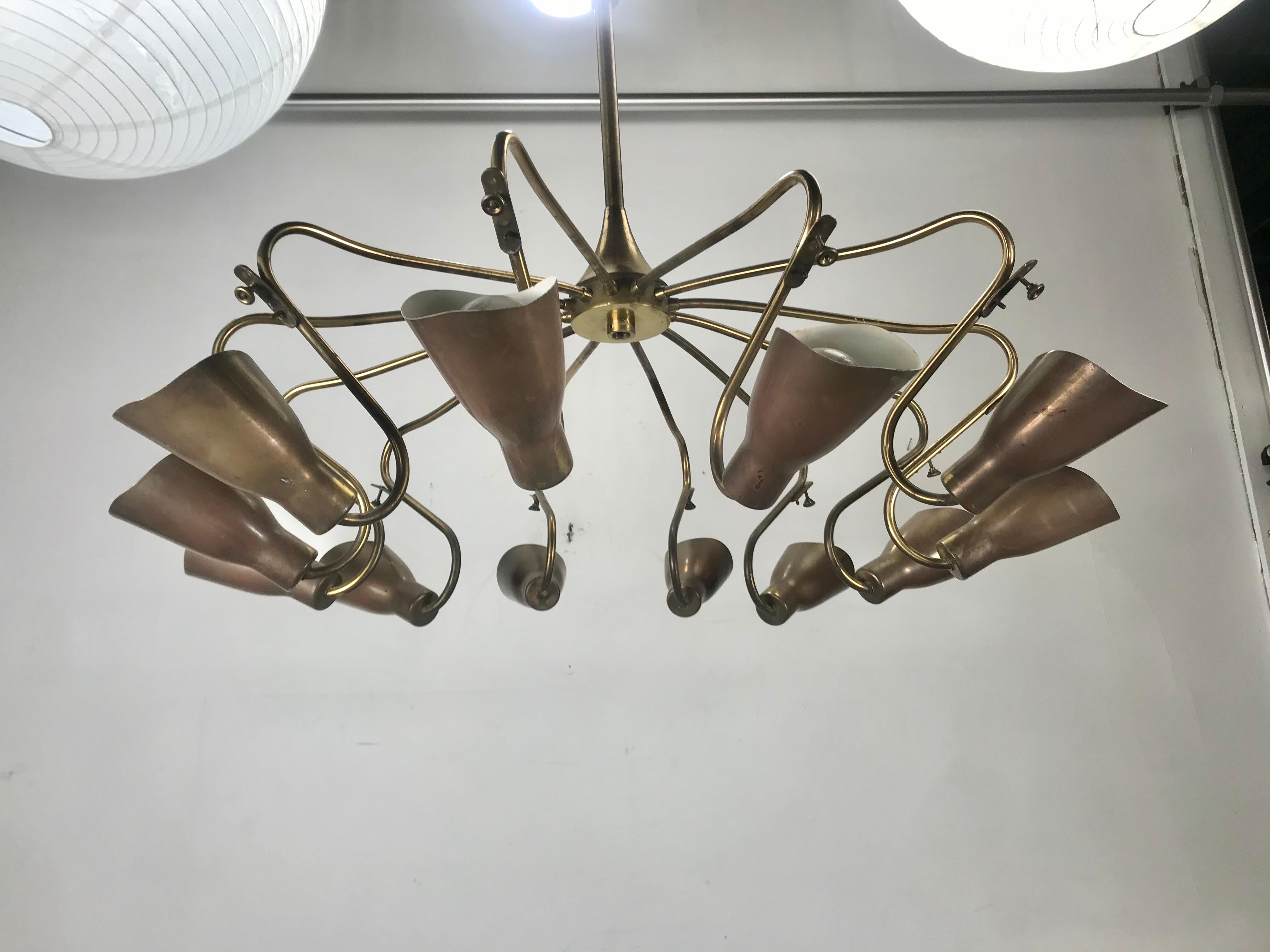 12-Arm Italian Modernist Chandelier Brass with Glass Fans Attributed to Stilnovo 2