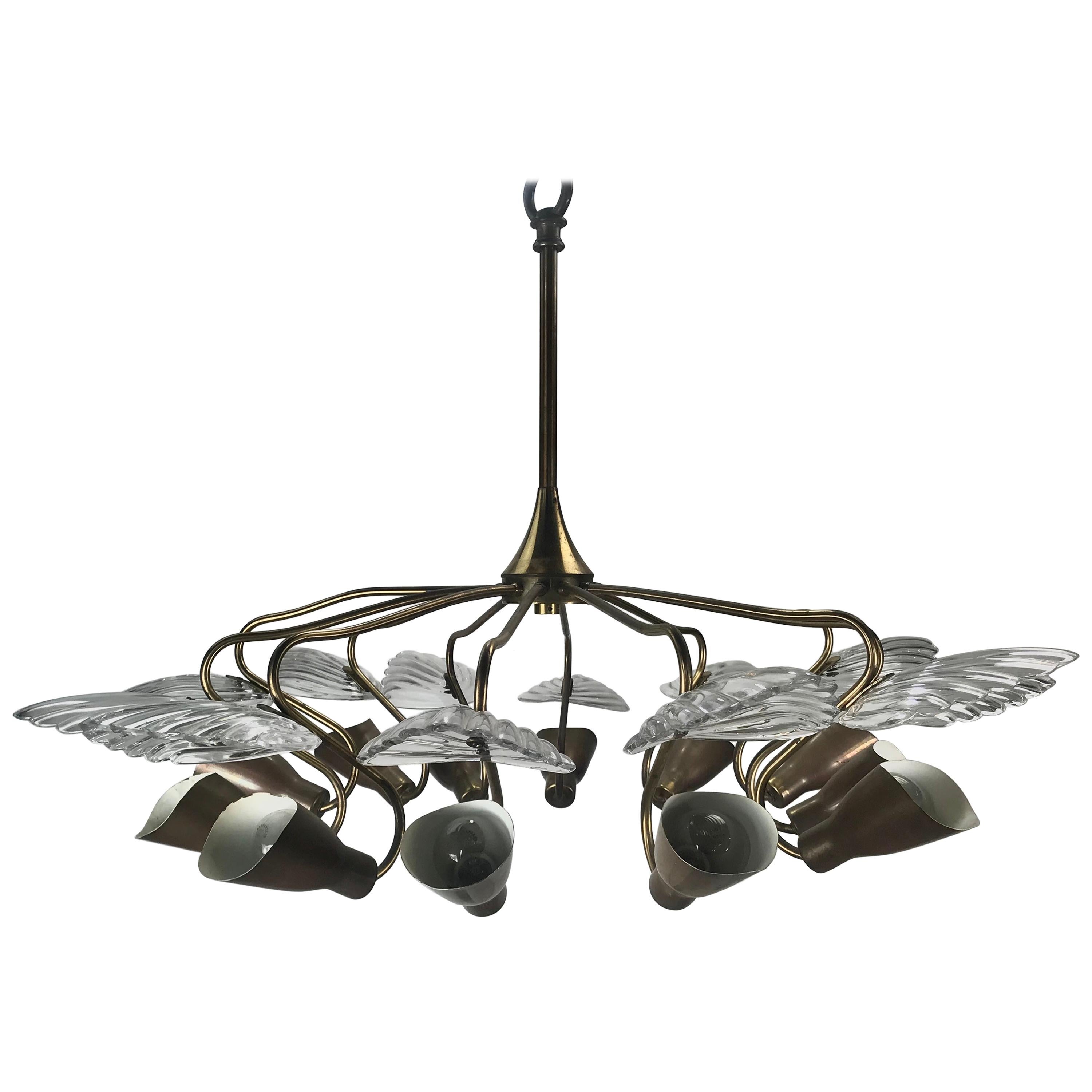 12-Arm Italian Modernist Chandelier Brass with Glass Fans Attributed to Stilnovo