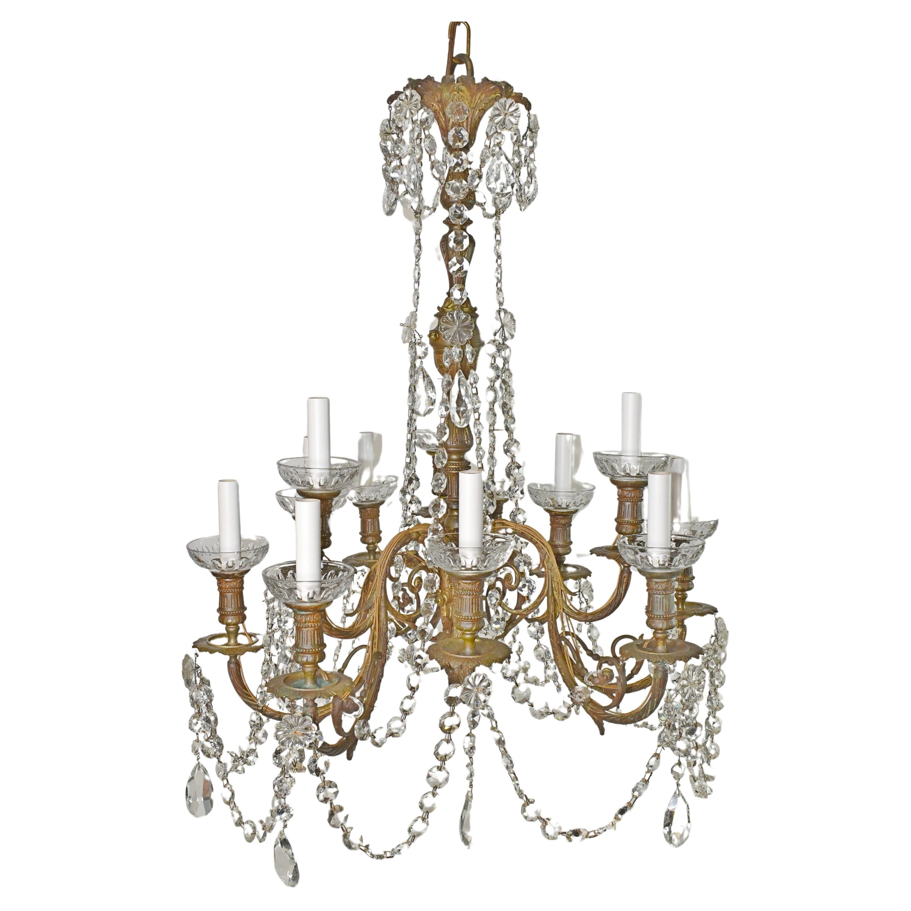 Lampadario a 12 bracci in stile rococò convertito in bronzo, larghezza 24" x altezza 51". in vendita