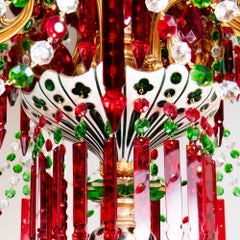 12-Arm Ruby, White over Green Cut Glass Chandelier by F & C Osler