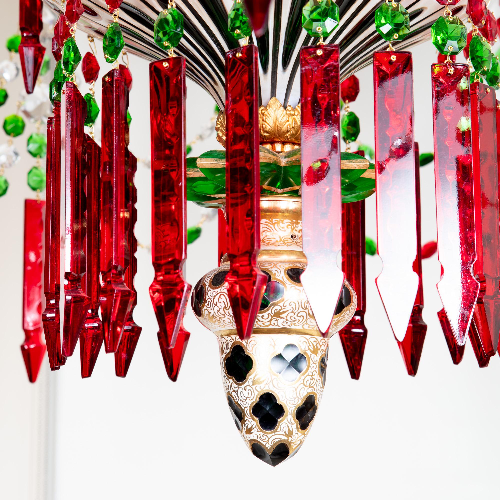 12-Arm Ruby, White over Green Cut Glass Chandelier by F & C Osler In Good Condition In London, by appointment only
