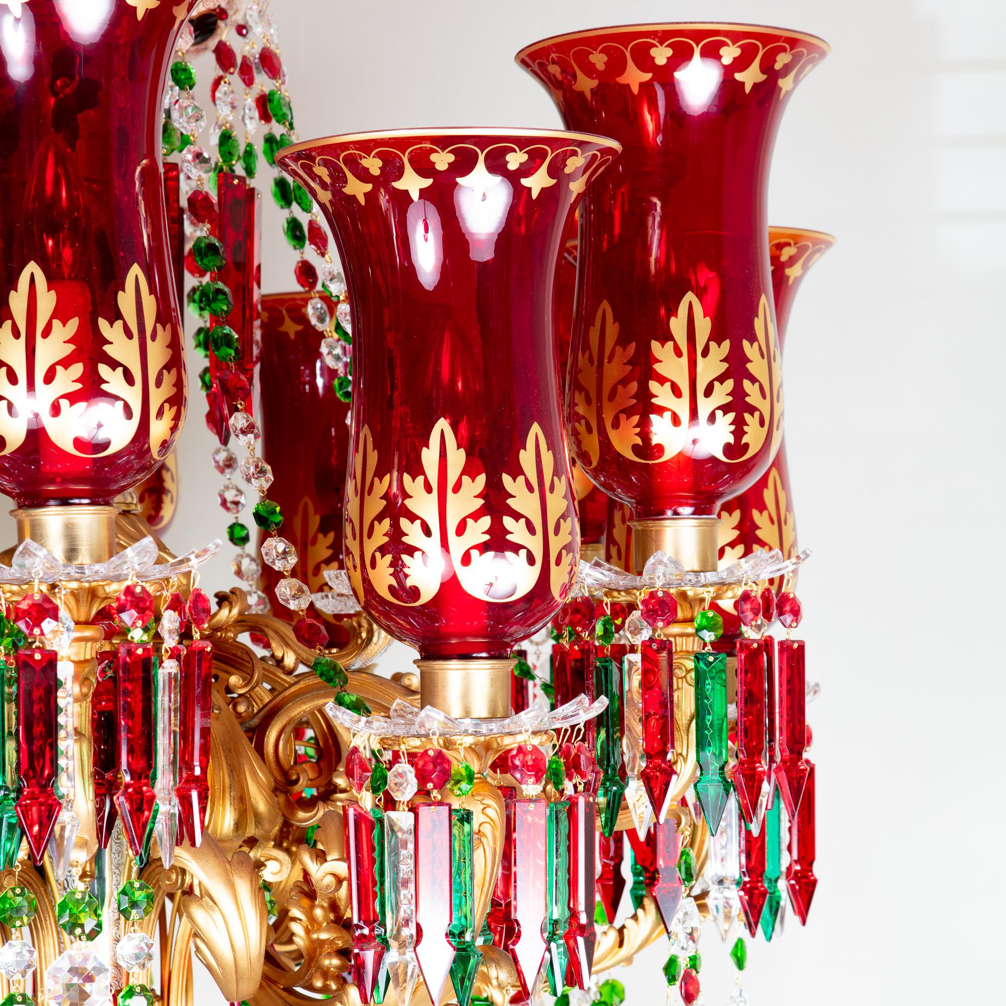 19th Century 12-Arm Ruby, White over Green Cut Glass Chandelier by F & C Osler