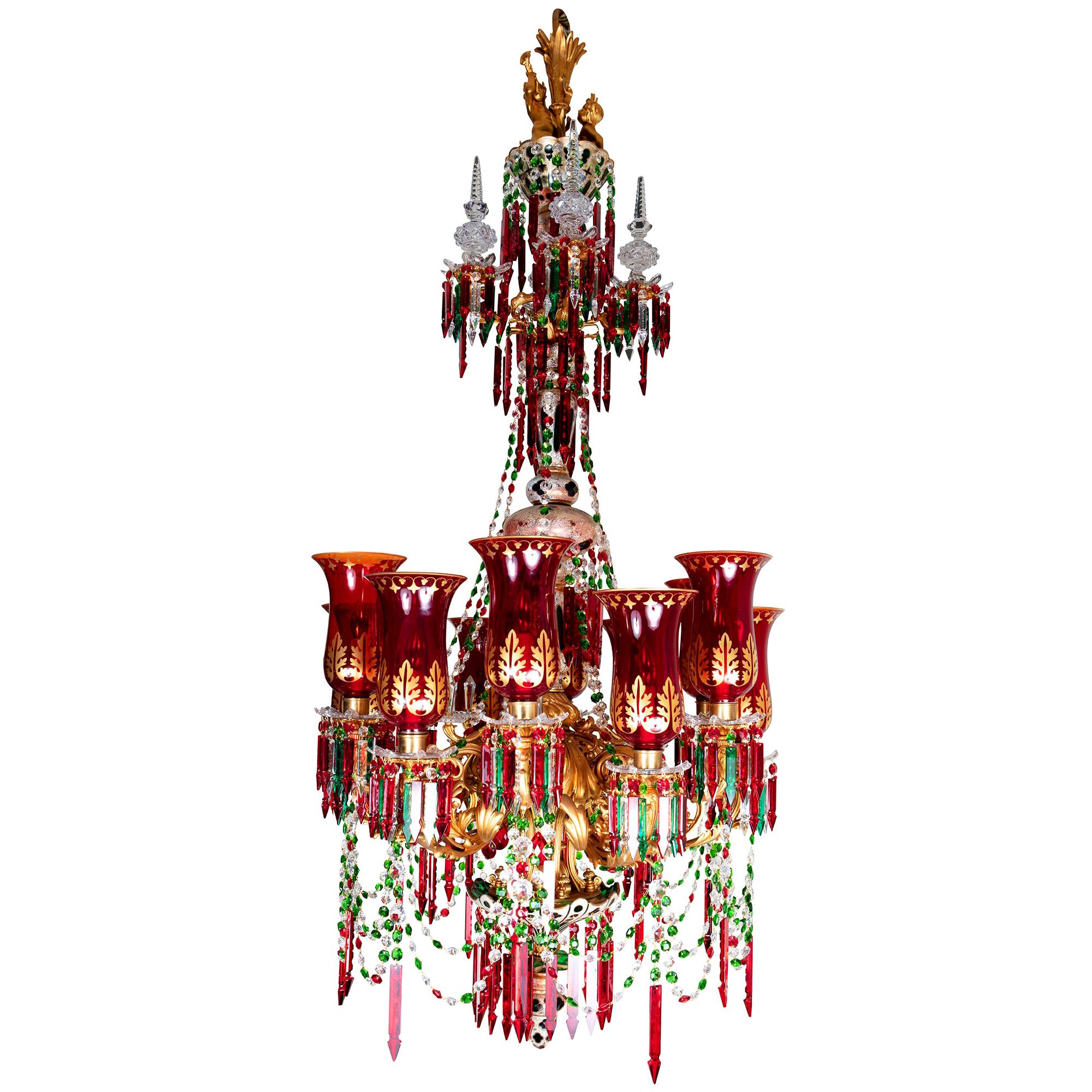 12-Arm Ruby, White over Green Cut Glass Chandelier by F & C Osler