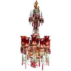 12-Arm Ruby, White over Green Cut Glass Chandelier by F & C Osler
