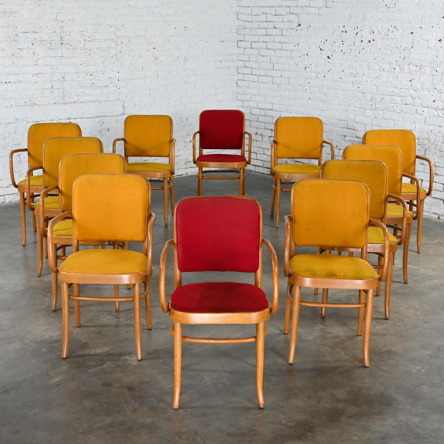 12 chaises de salle à manger Bauhaus en hêtre courbé J Hoffman Prague 811 style Thonet en vente 14