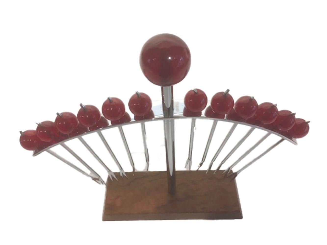 French 12 Art Deco Cocktail Picks in Chrome with Cherry Tops Hanging in Matching Stand For Sale
