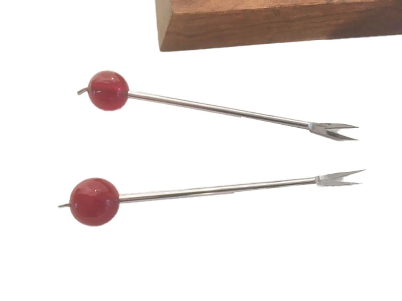 20th Century 12 Art Deco Cocktail Picks in Chrome with Cherry Tops Hanging in Matching Stand For Sale