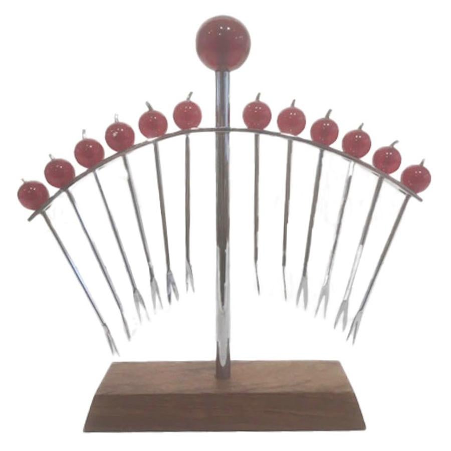 12 Art Deco Cocktail Picks in Chrome with Cherry Tops Hanging in Matching Stand