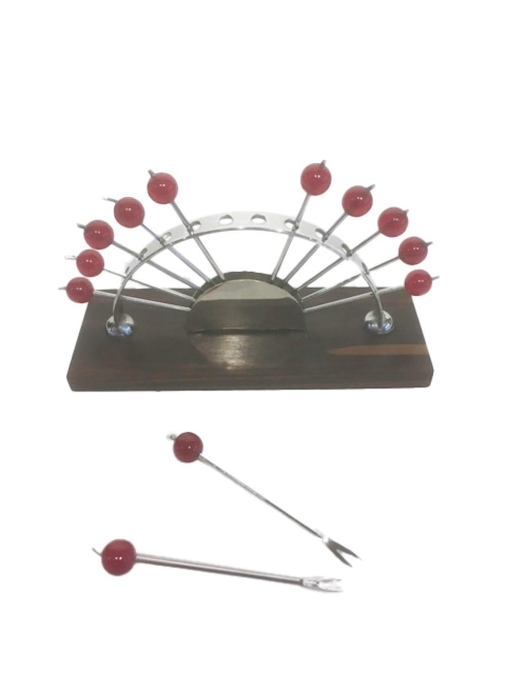 Plated 12 Art Deco Cocktail Picks with Cherry Red Tops in a Chrome Fan-Form Stand For Sale