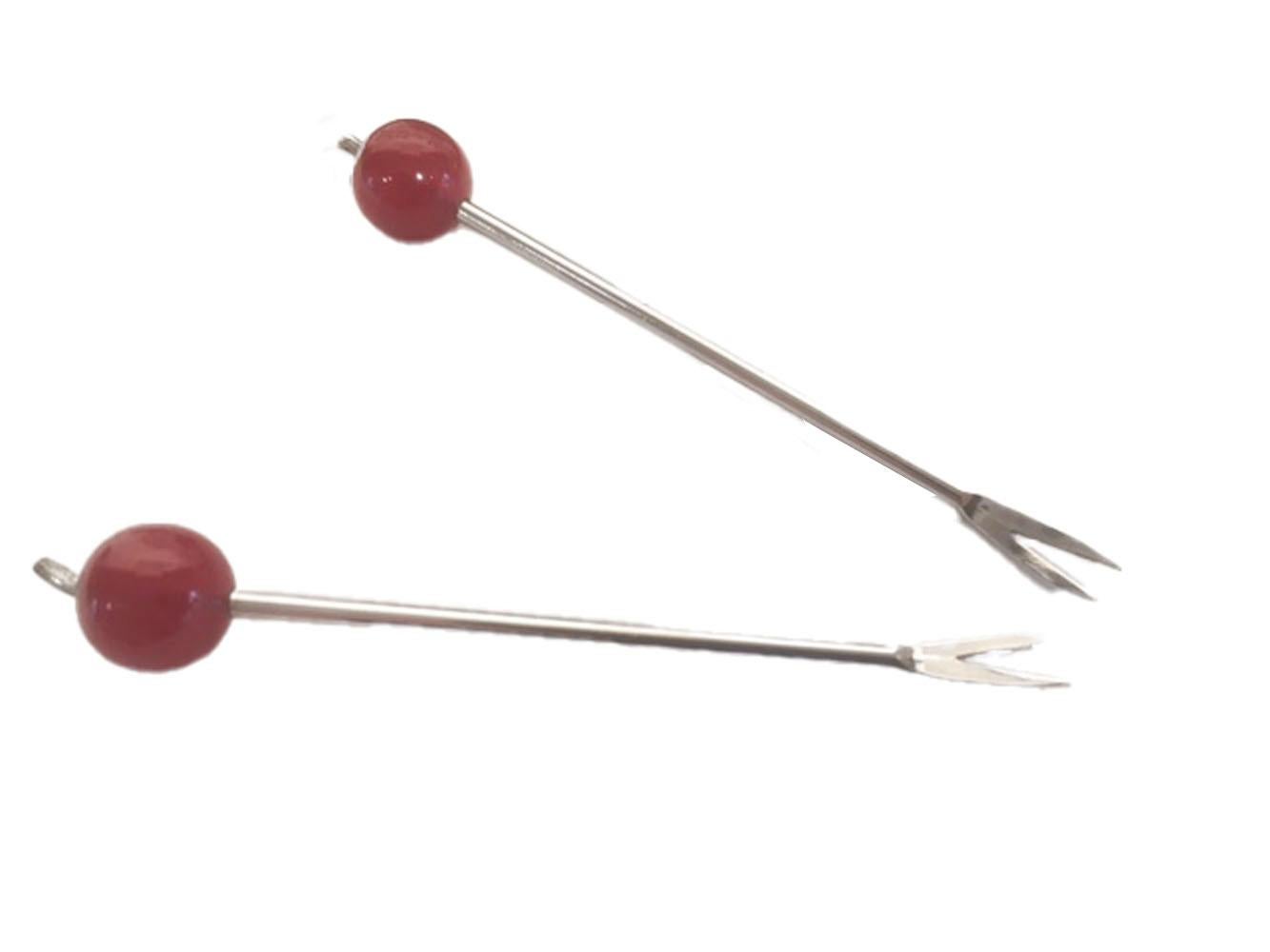 12 Art Deco Cocktail Picks with Cherry Red Tops in a Chrome Fan-Form Stand In Good Condition For Sale In Nantucket, MA