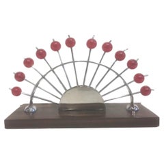 Vintage 12 Art Deco Cocktail Picks with Cherry Red Tops in a Chrome Fan-Form Stand