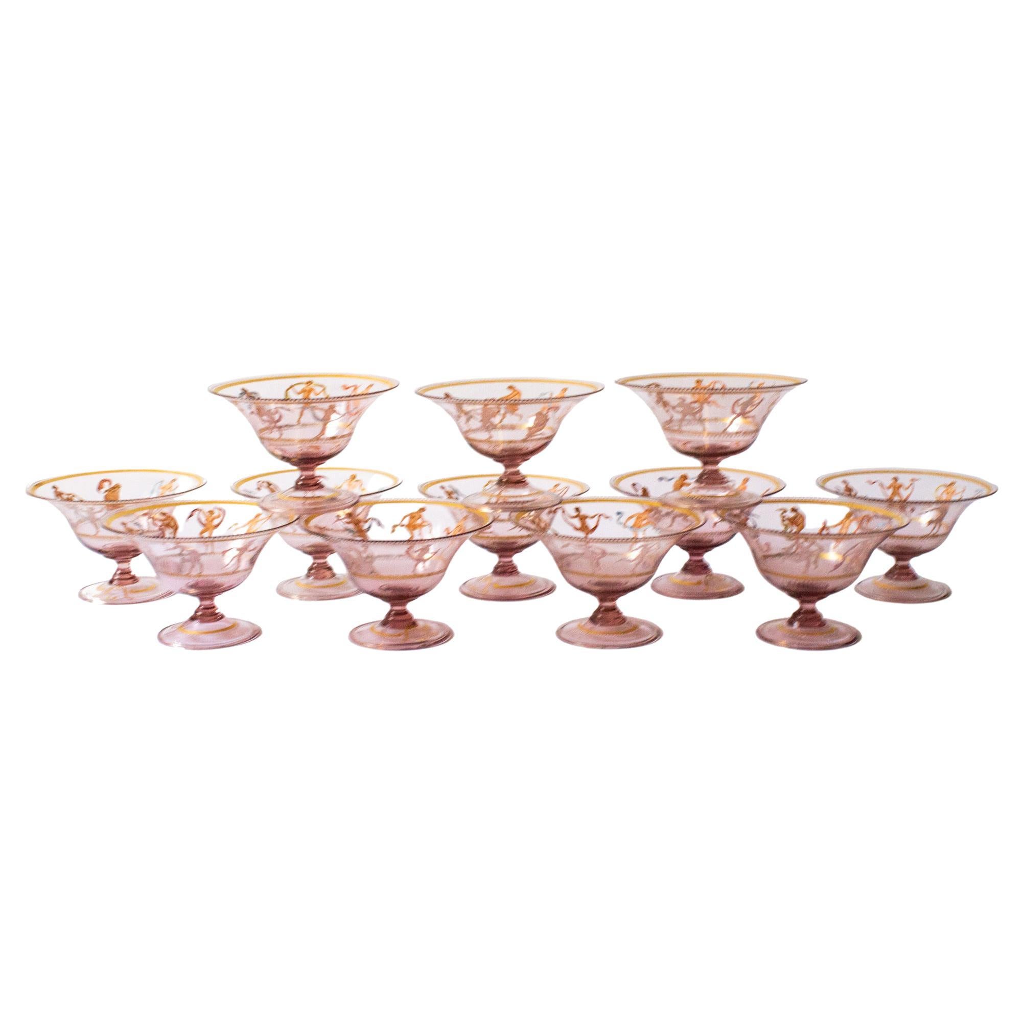 12 Art Deco Enameled Venetian Amethyst Coupe Glasses with Dancing Nude Ladies For Sale