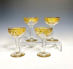 12 Baccarat Hand Blown Crystal Hollow Stem Champagne Coupes Raised Paste Gold