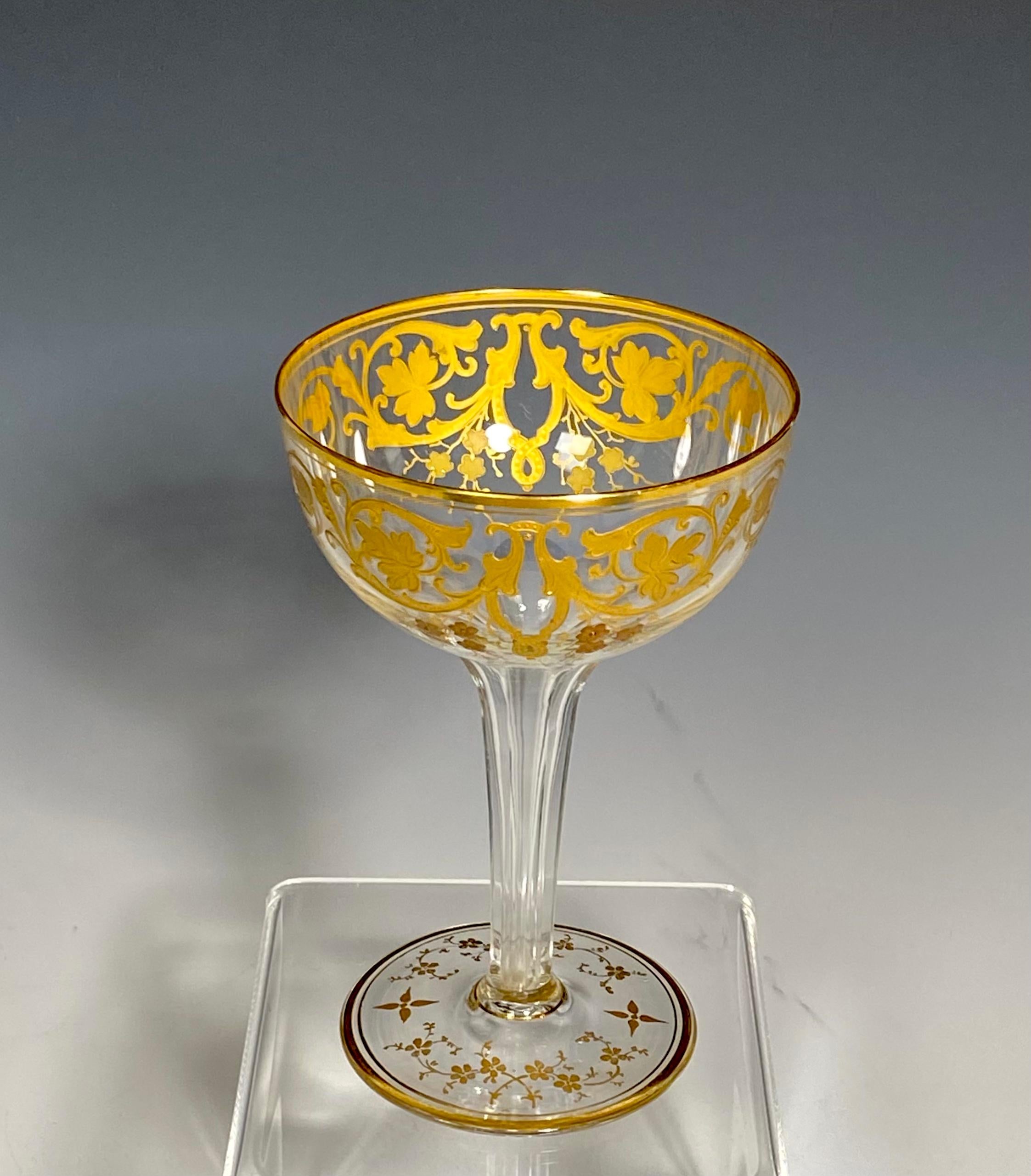 French  12 Baccarat Hand Blown Crystal Hollow Stem Champagne Coupes Raised Paste Gold For Sale