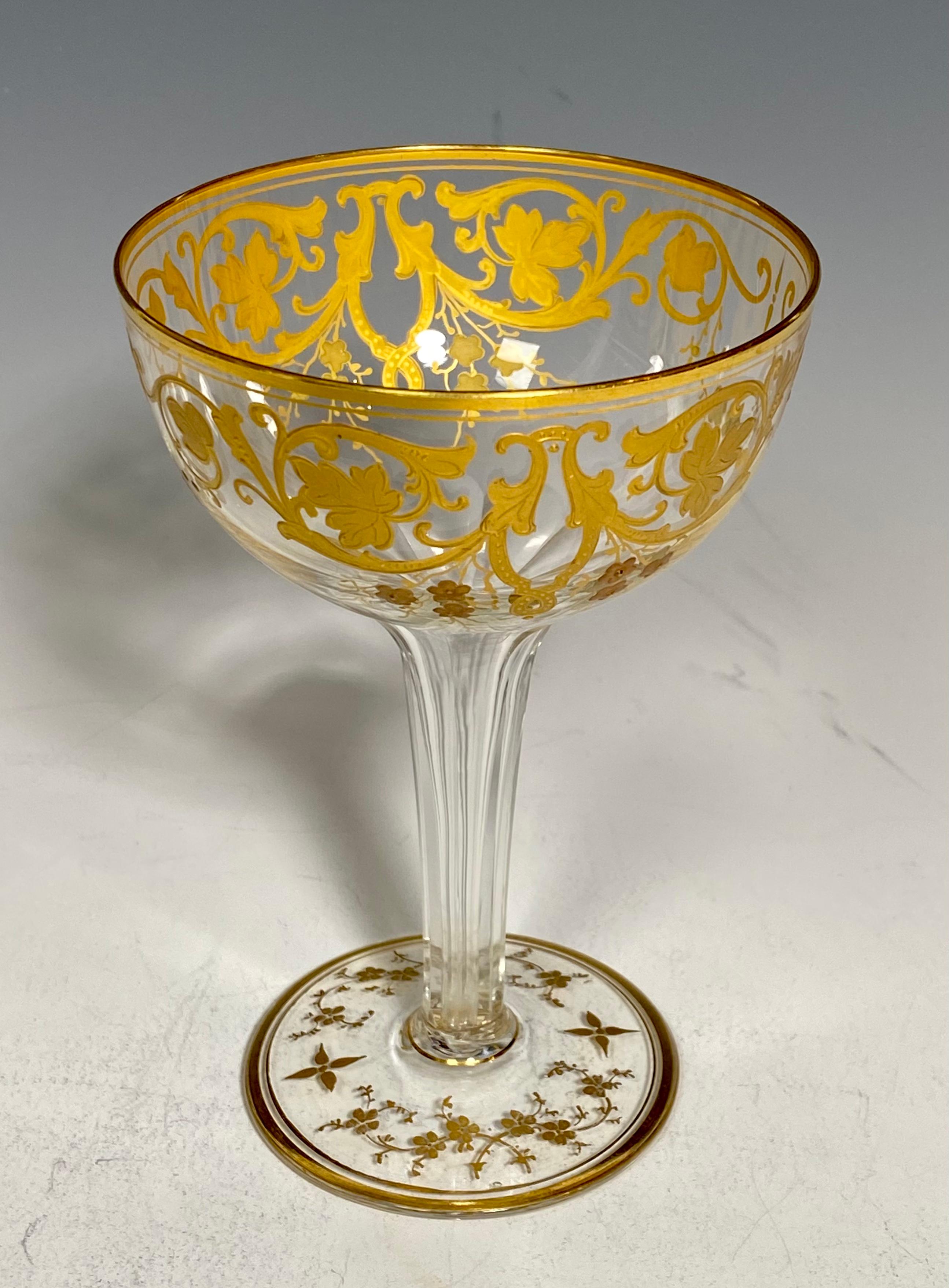Gilt  12 Baccarat Hand Blown Crystal Hollow Stem Champagne Coupes Raised Paste Gold For Sale
