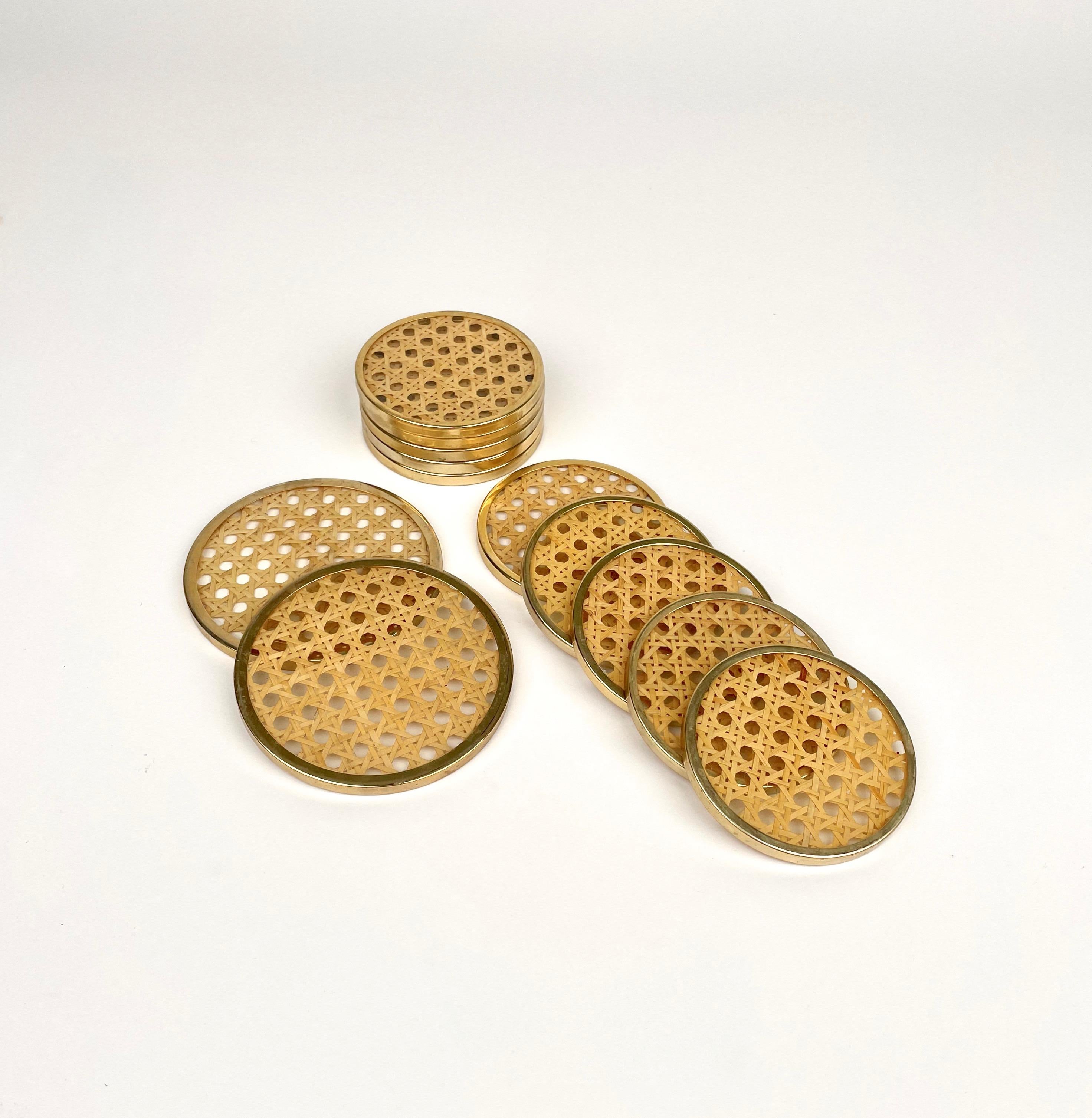 Metal 12 Barware Coasters Lucite, Rattan and Brass Christian Dior Style, Italy 1970s