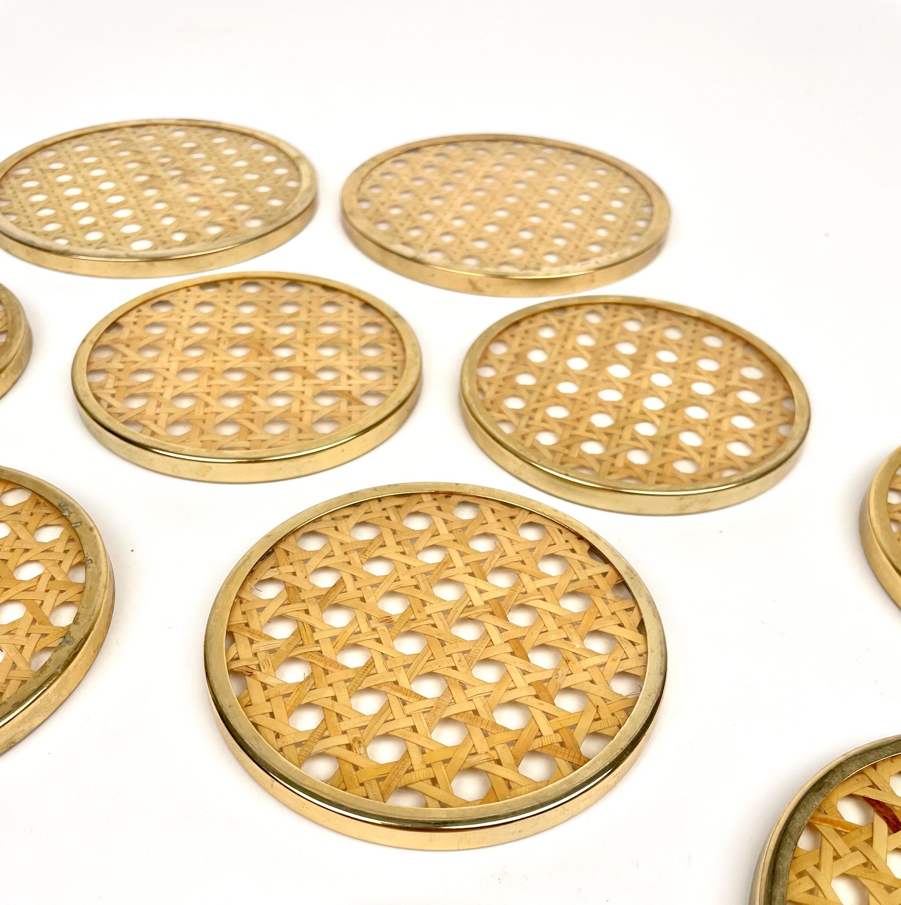 12 Barware Coasters Lucite, Rattan and Brass Christian Dior Style, Italy 1970s 1