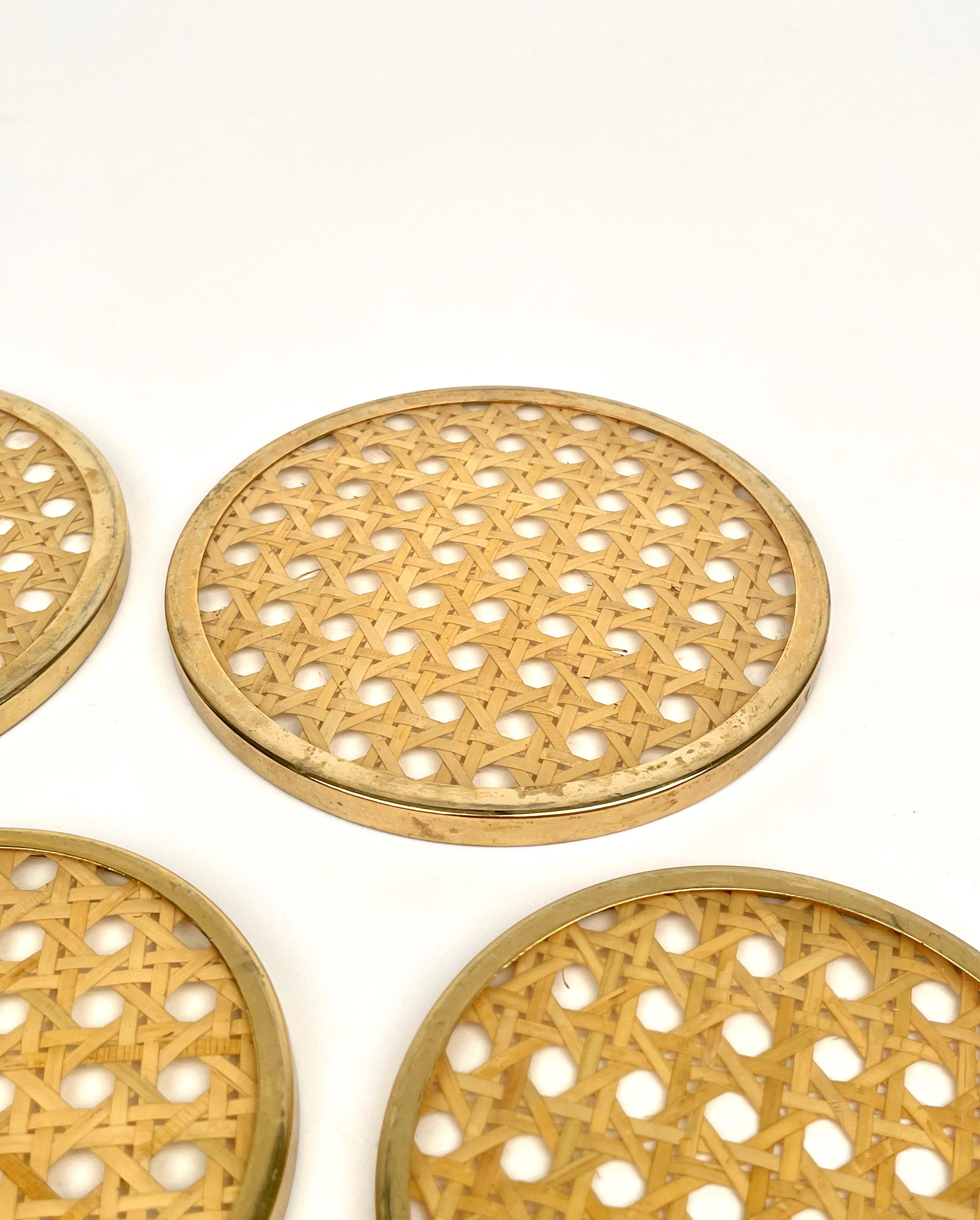 12 Barware Coasters Lucite, Rattan and Brass Christian Dior Style, Italy 1970s 2