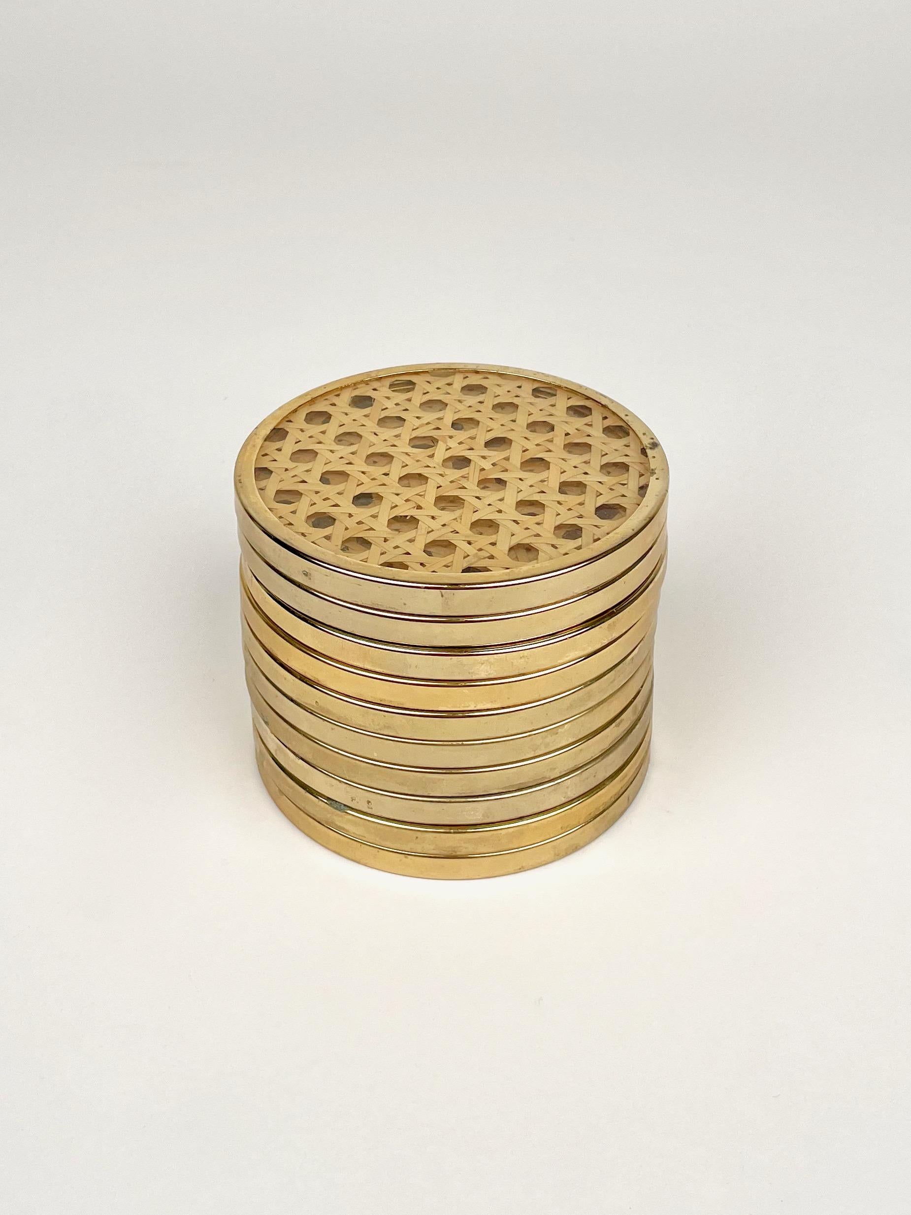 12 Barware Coasters Lucite, Rattan and Brass Christian Dior Style, Italy 1970s 3