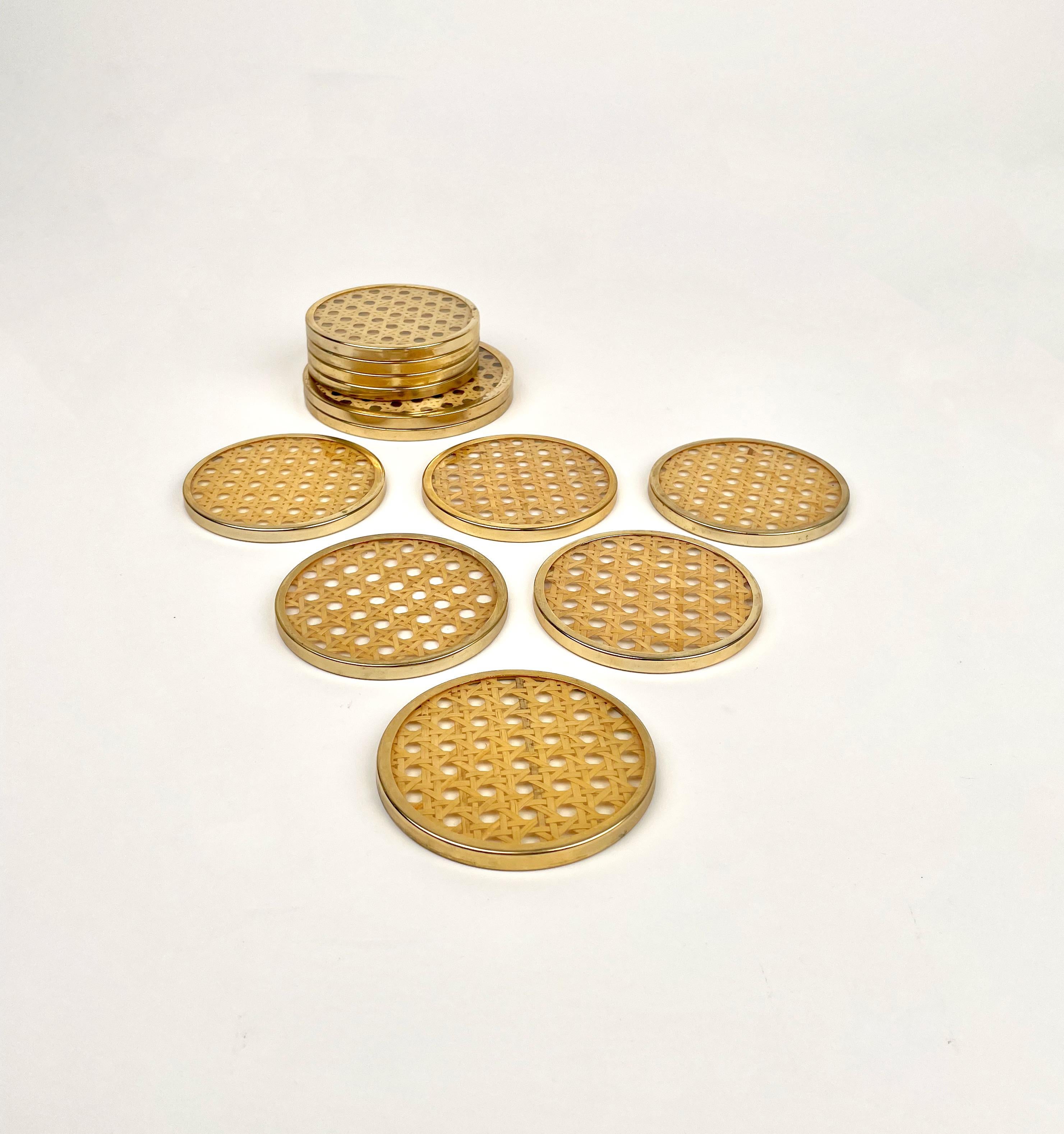 Italian 12 Barware Coasters Lucite, Rattan and Brass Christian Dior Style, Italy 1970s