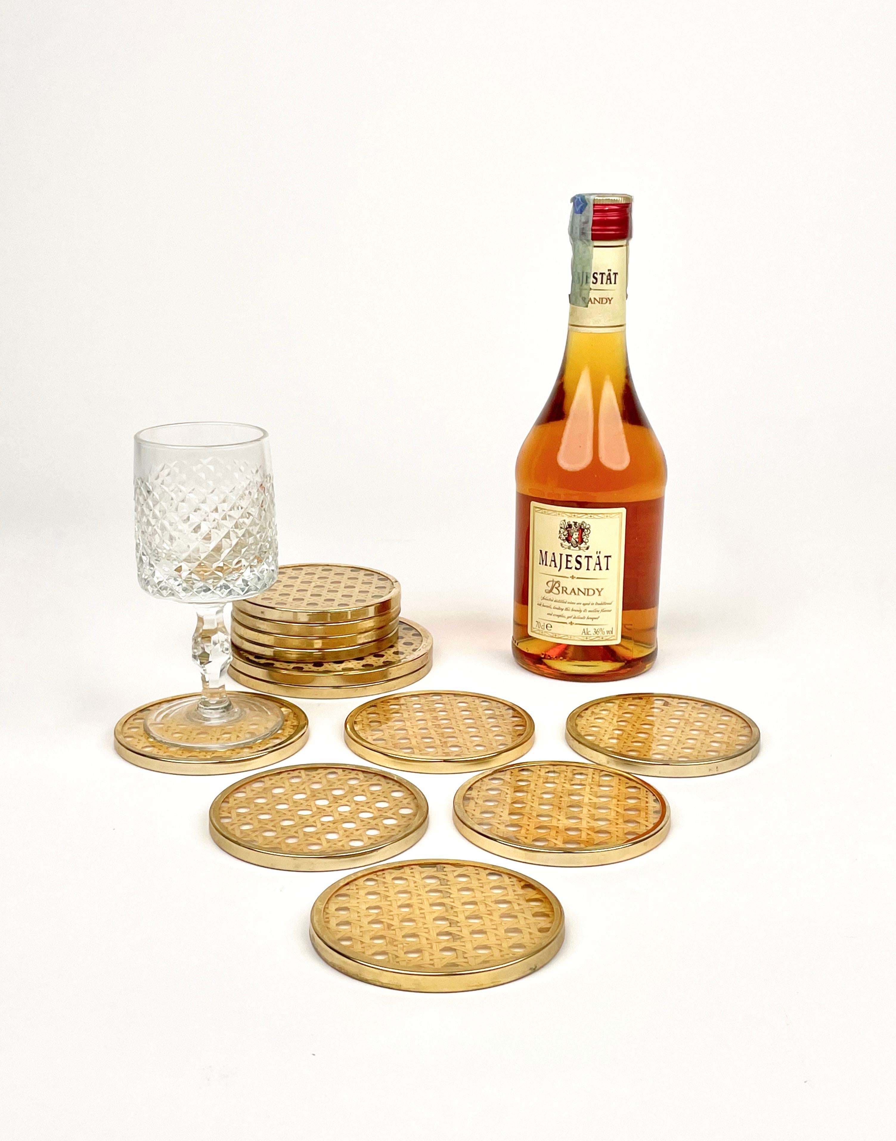 12 Barware Coasters Lucite, Rattan and Brass Christian Dior Style, Italy 1970s In Good Condition In Rome, IT