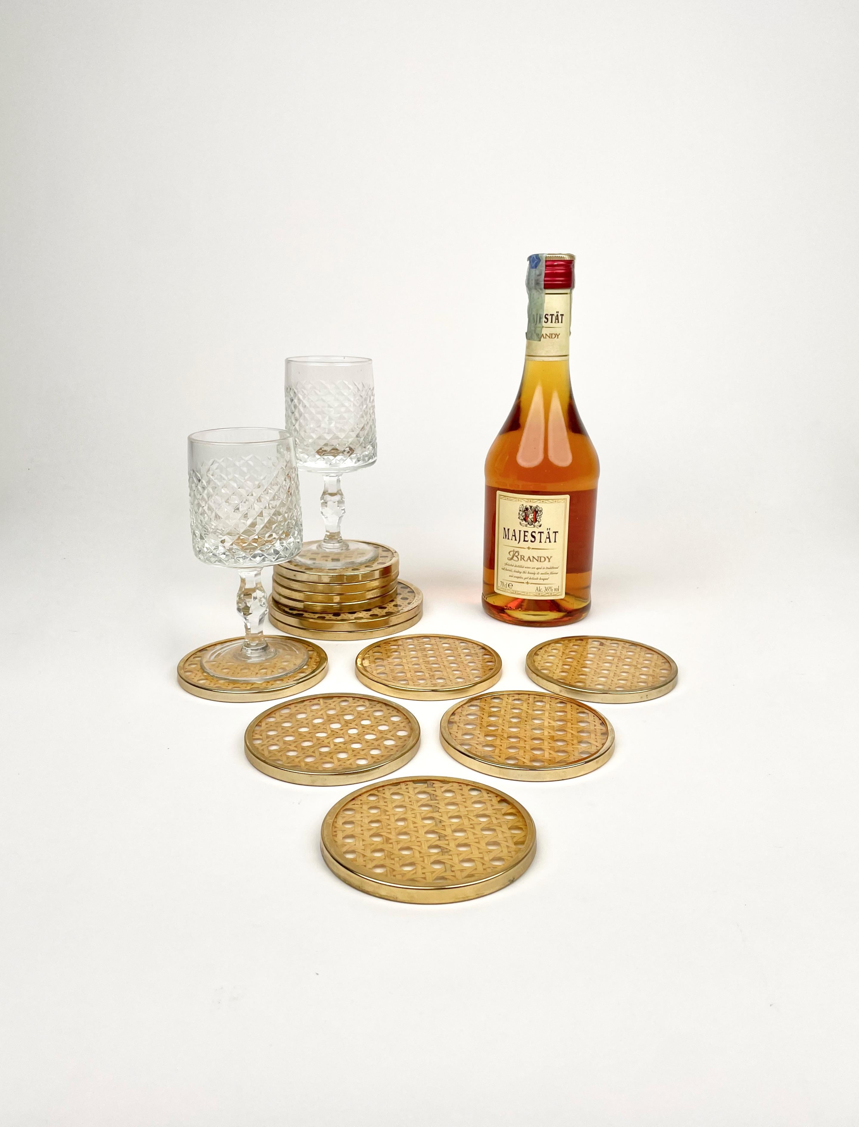 Late 20th Century 12 Barware Coasters Lucite, Rattan and Brass Christian Dior Style, Italy 1970s