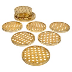 12 Barware Coasters Lucite, Rattan and Brass Christian Dior Style, Italy 1970s