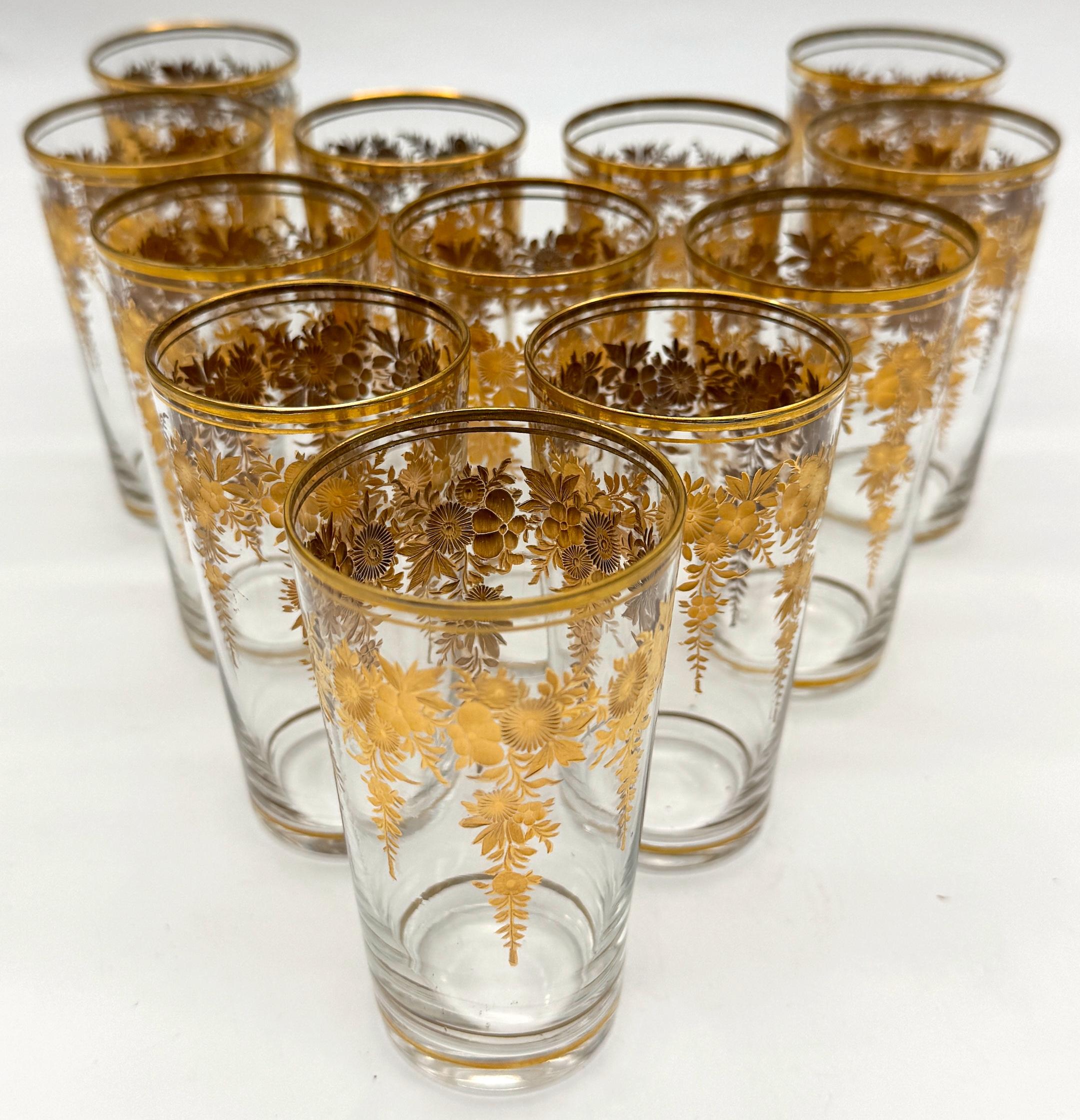 19th Century 12 Belle Époque Gilt Floral Crystal Tumblers, Suitable for Champagne / Wine For Sale