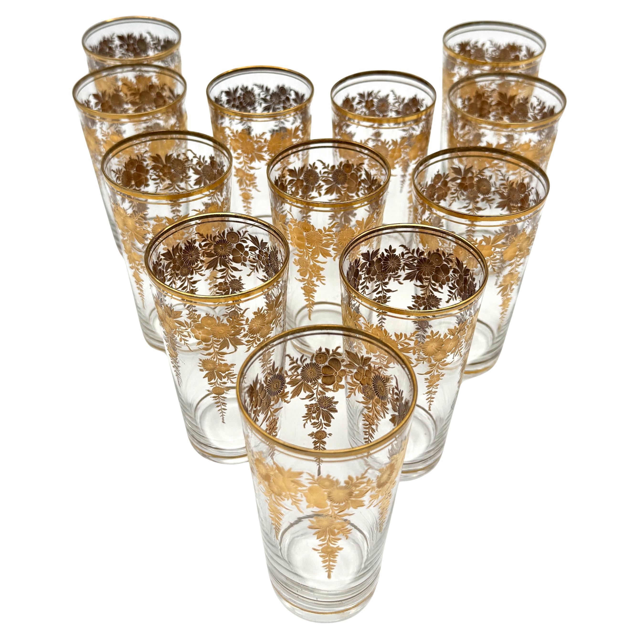 12 Belle Époque Gilt Floral Crystal Tumblers, Suitable for Champagne / Wine For Sale
