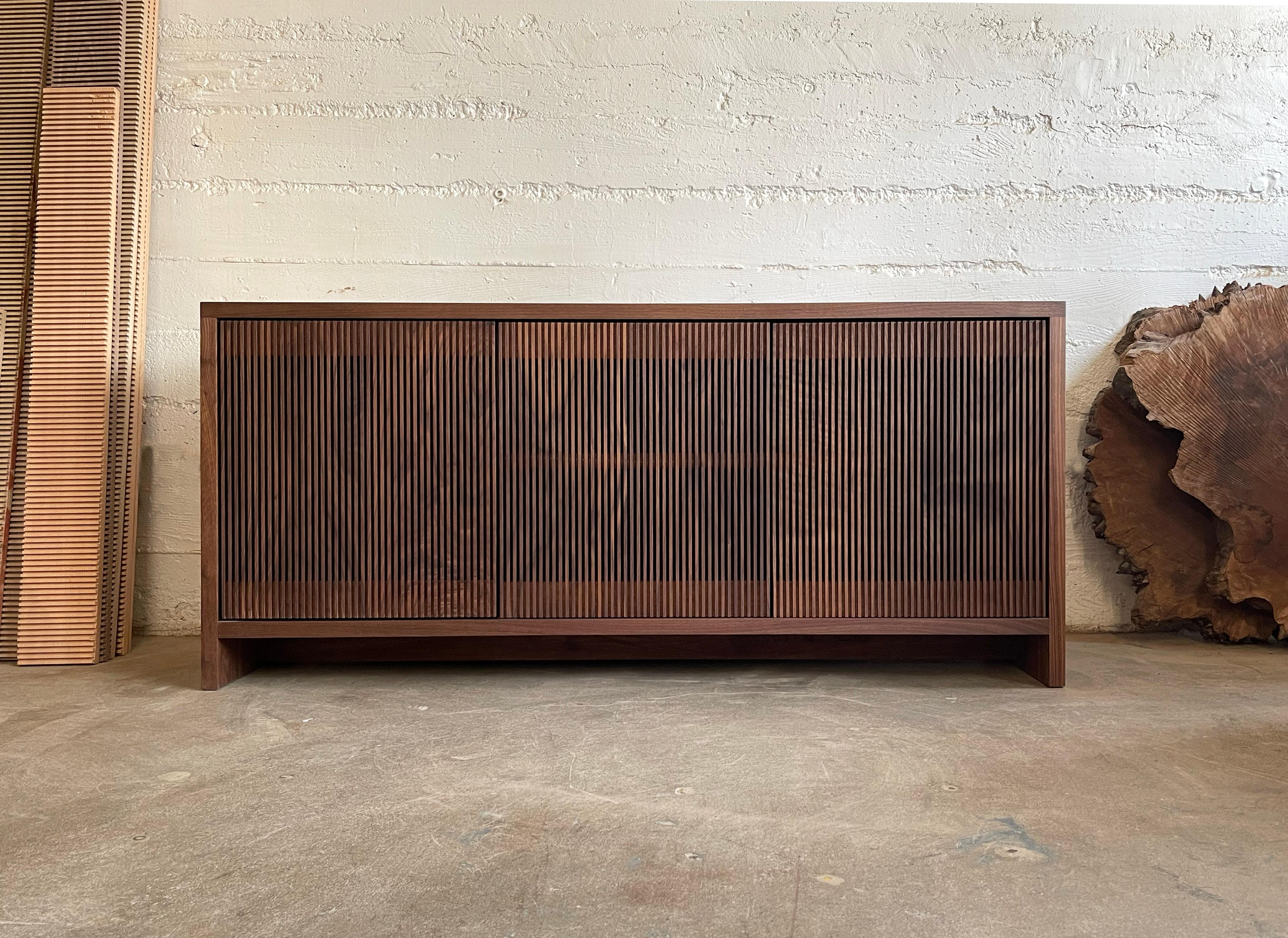 Minimalist 12' Black Walnut Slatted Credenza For Sale