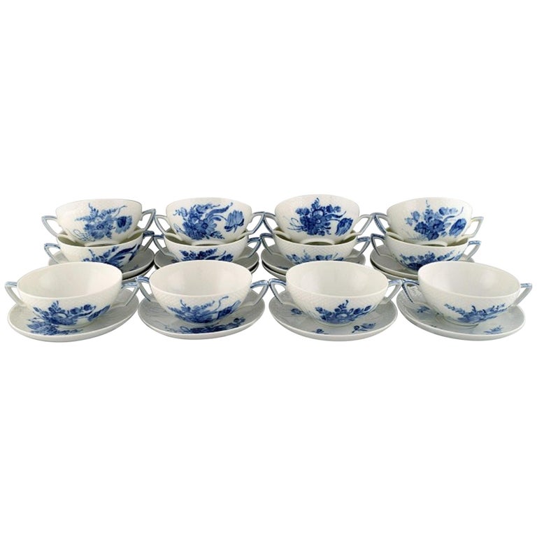 12 Blue Flower Braided Bouillon Cups with Saucers at 1stDibs