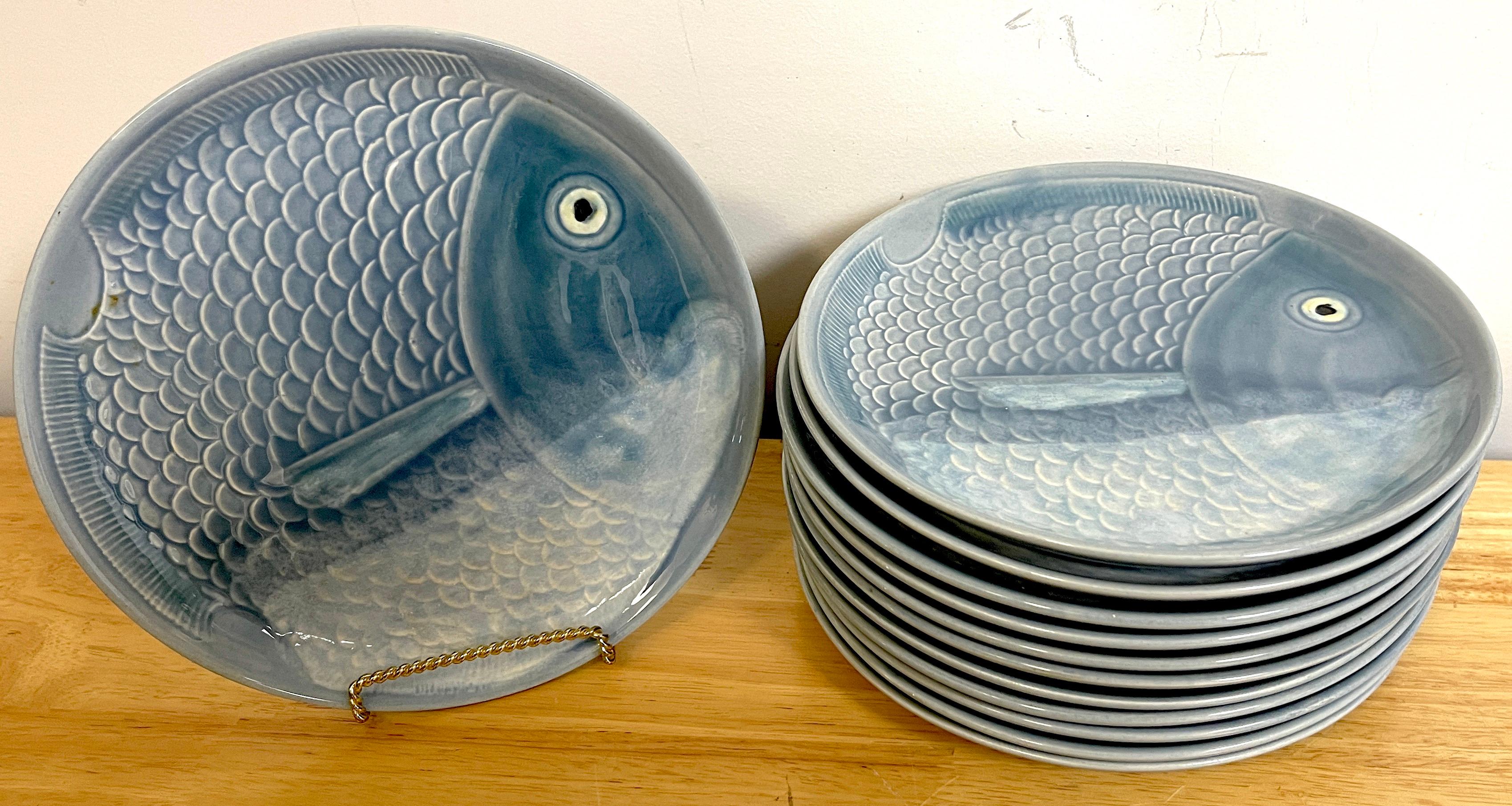 Portuguese 12 Blue & White Faience Fish Motif Plates For Sale