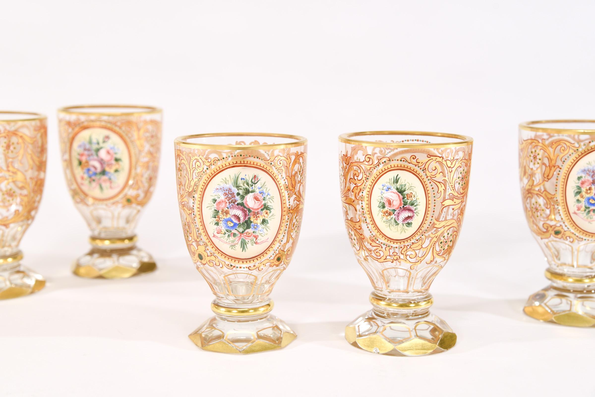 European 12 Bohemian 19th Century Crystal Tumblers with Polychrome Enamel Reserves Gold For Sale
