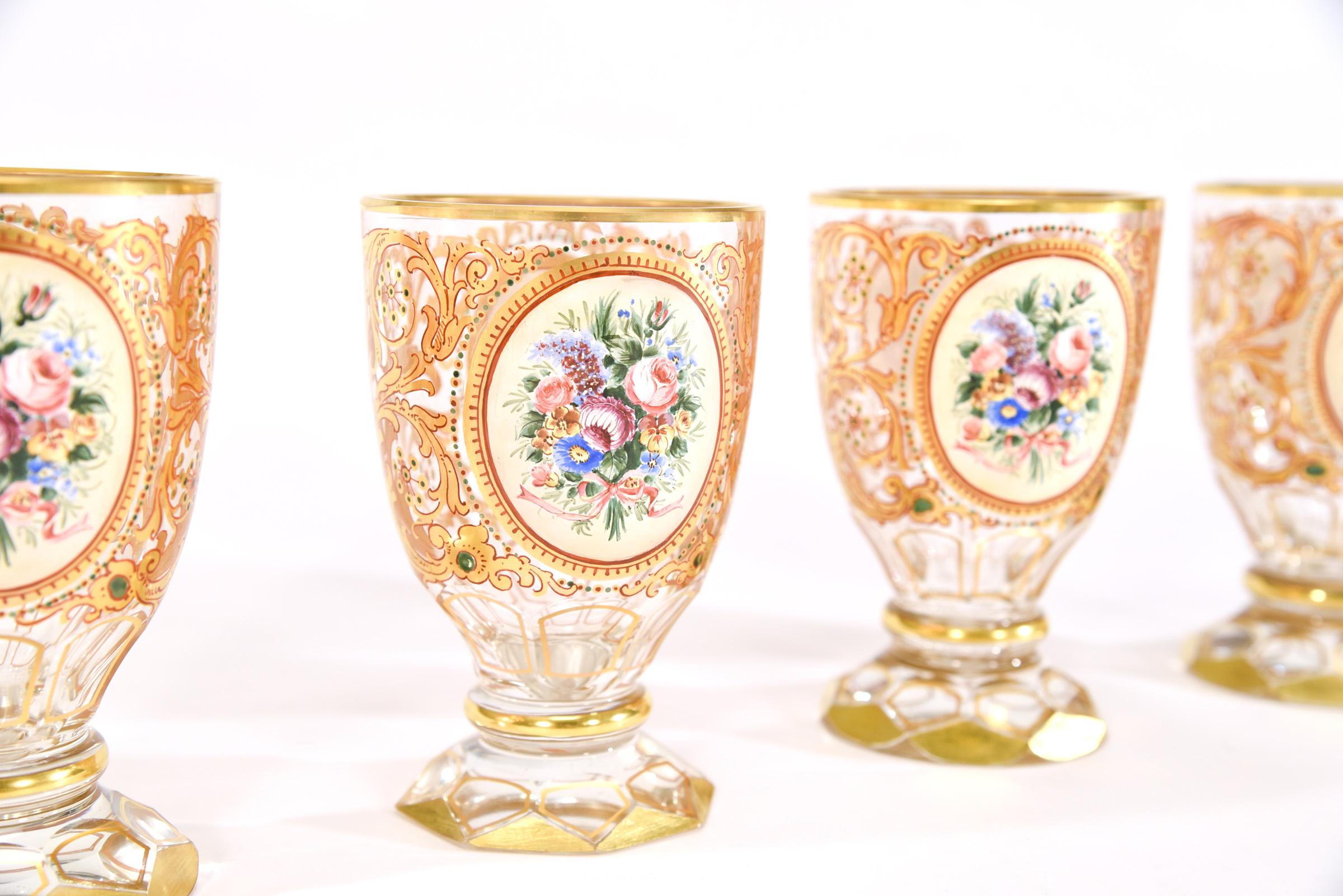 Enameled 12 Bohemian 19th Century Crystal Tumblers with Polychrome Enamel Reserves Gold For Sale