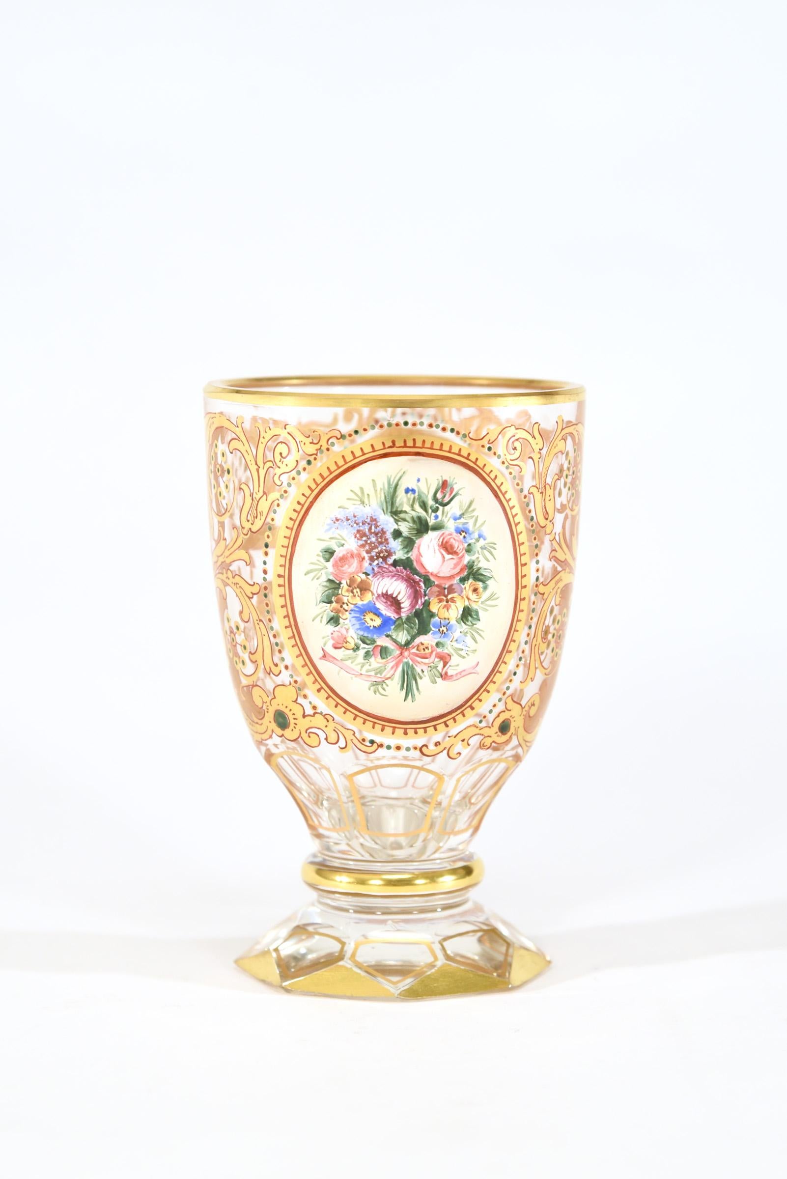 12 Bohemian 19th Century Crystal Tumblers with Polychrome Enamel Reserves Gold In Excellent Condition For Sale In Great Barrington, MA