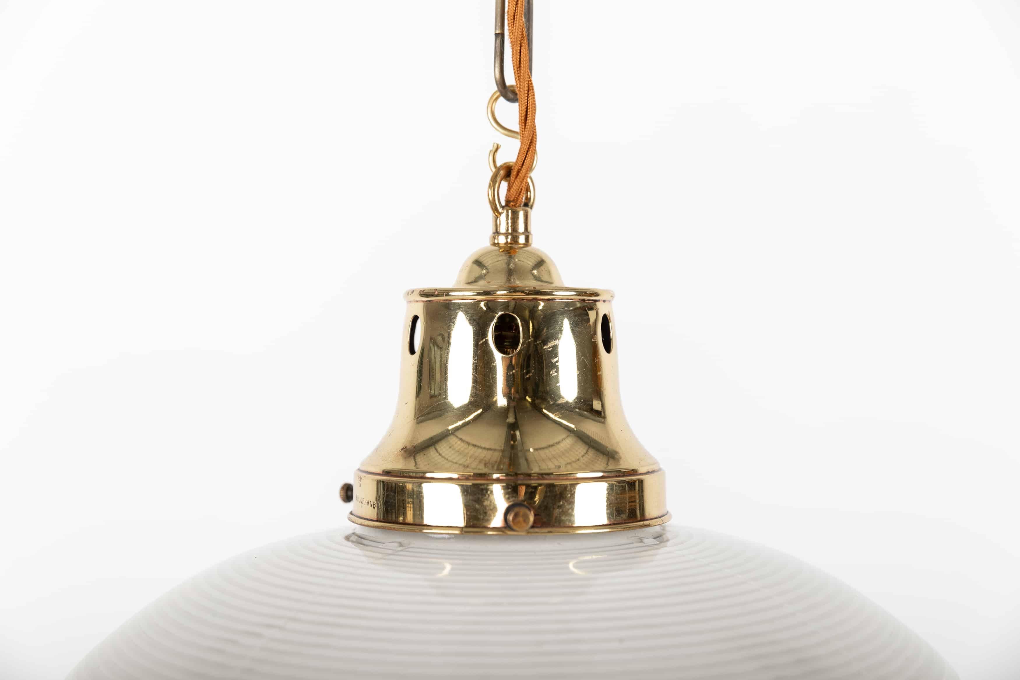 English Brass Holophane 'Ripple-Lite' Prismatic Glass Pendant Lamp, c.1920