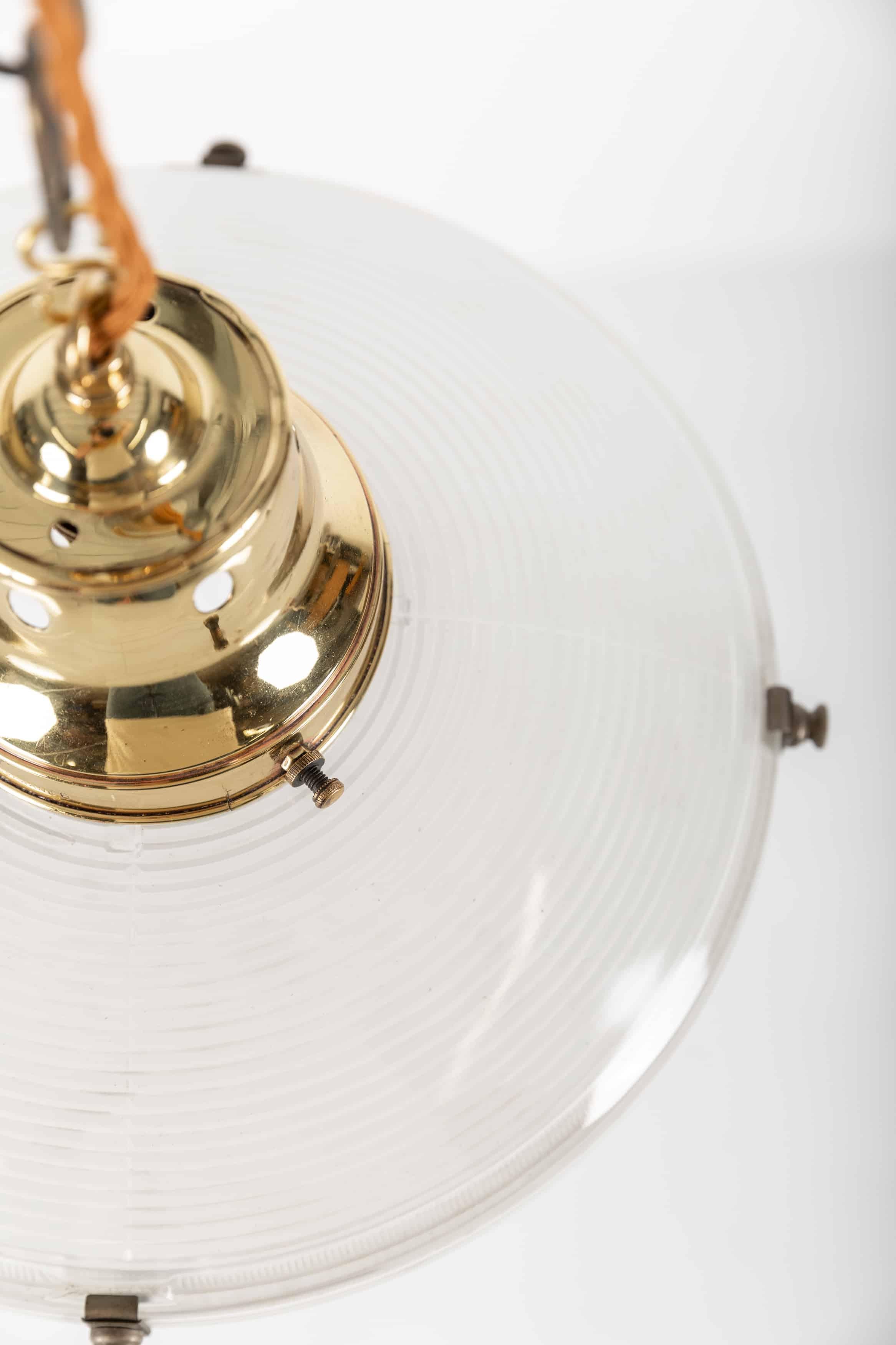 Early 20th Century Brass Holophane 'Ripple-Lite' Prismatic Glass Pendant Lamp, c.1920