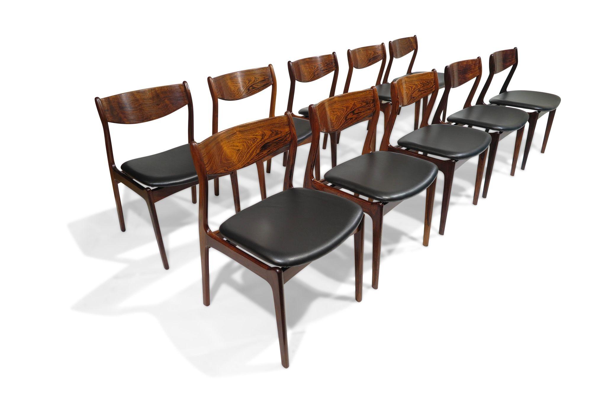 12 chaises de salle à manger en bois de rose brésilien PE Jorgensen en cuir noir neuf 6