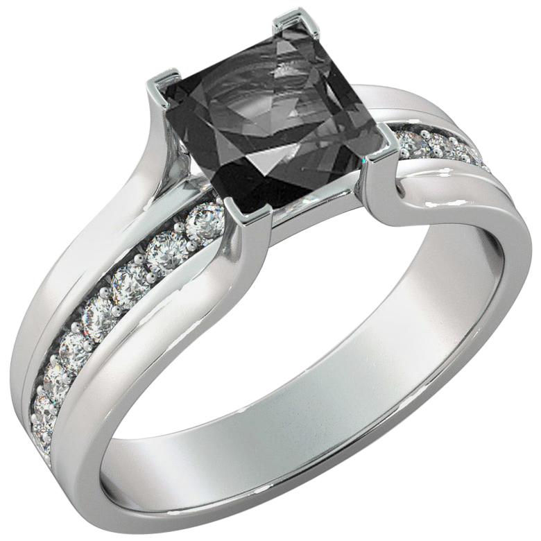 1.2 Carat 14 Karat White Gold Certified Princess Black Diamond Engagement Ring