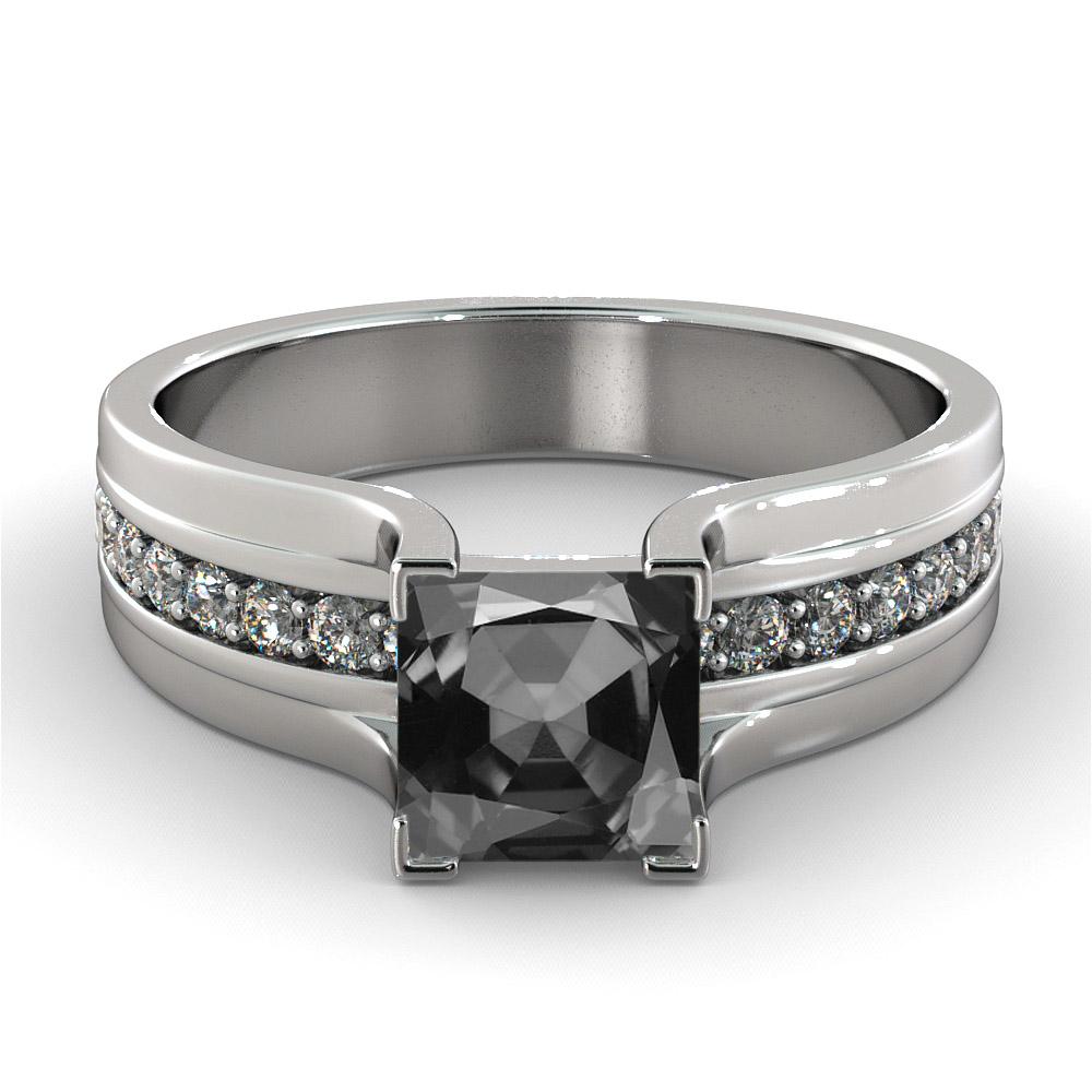 Beautiful solitaire with diamond accents black diamond engagement ring. Center stone is natural, princess cut, 1 carat AAA quality Black diamond and it is surrounded with 20 natural diamonds of 0.2 carats. The total carat weight of this beautiful