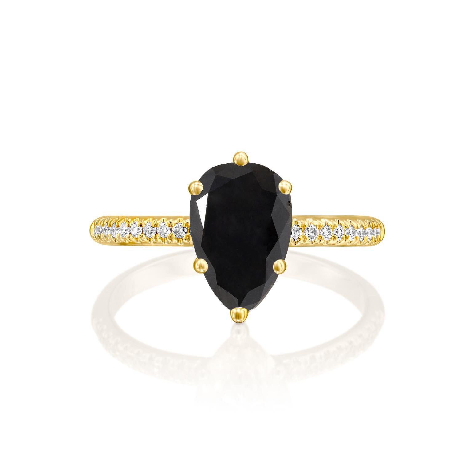 Beautiful solitaire with accents vintage style diamond engagement ring. Center stone is natural, pear shaped, AAA quality Black Diamond of 1 carat and it is surrounded by smaller natural diamonds approx. 0.2 total carat weight. The total carat