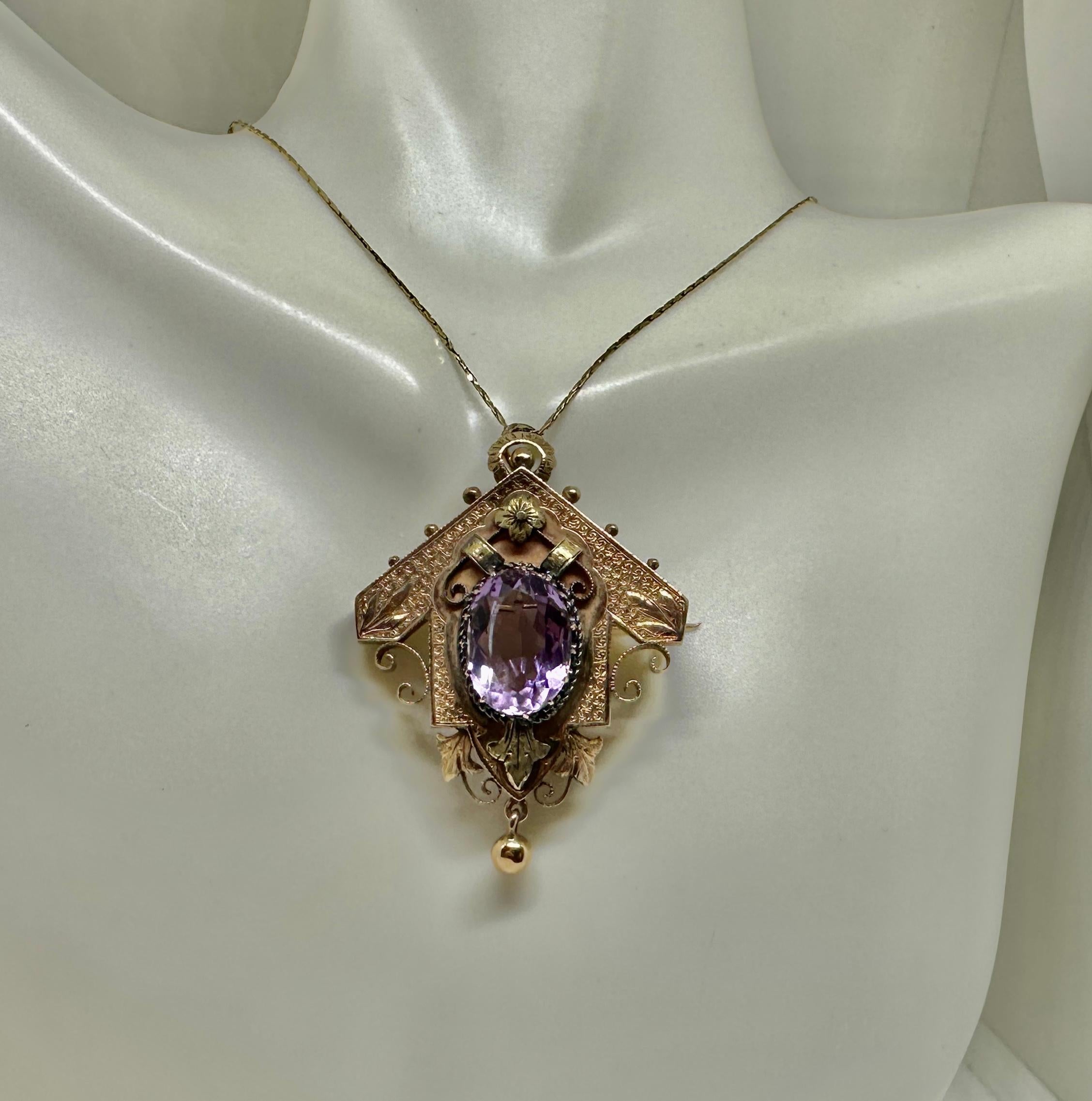 12 Carat Amethyst Earrings Pendant Necklace Gold Victorian Engraved Parure 1870 For Sale 3