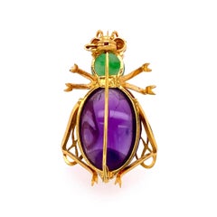12 Carat Amethyst, Jade and Ruby Gold Bee Bug Brooch Pin Estate Fine Jewelry