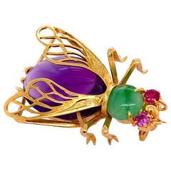 Vintage 12 Carat Amethyst, Jade and Ruby Gold Bee Bug Brooch Pin Estate Fine Jewelry